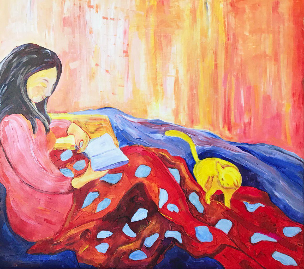 
In the latest installment of 'The Joy Series: A Journey to Inner Happiness,' the artist delves into the comforting realm of literature with the painting 'Cocoon of Comfort.'
This captivating artwork portrays a woman nestled under a cozy blanket,