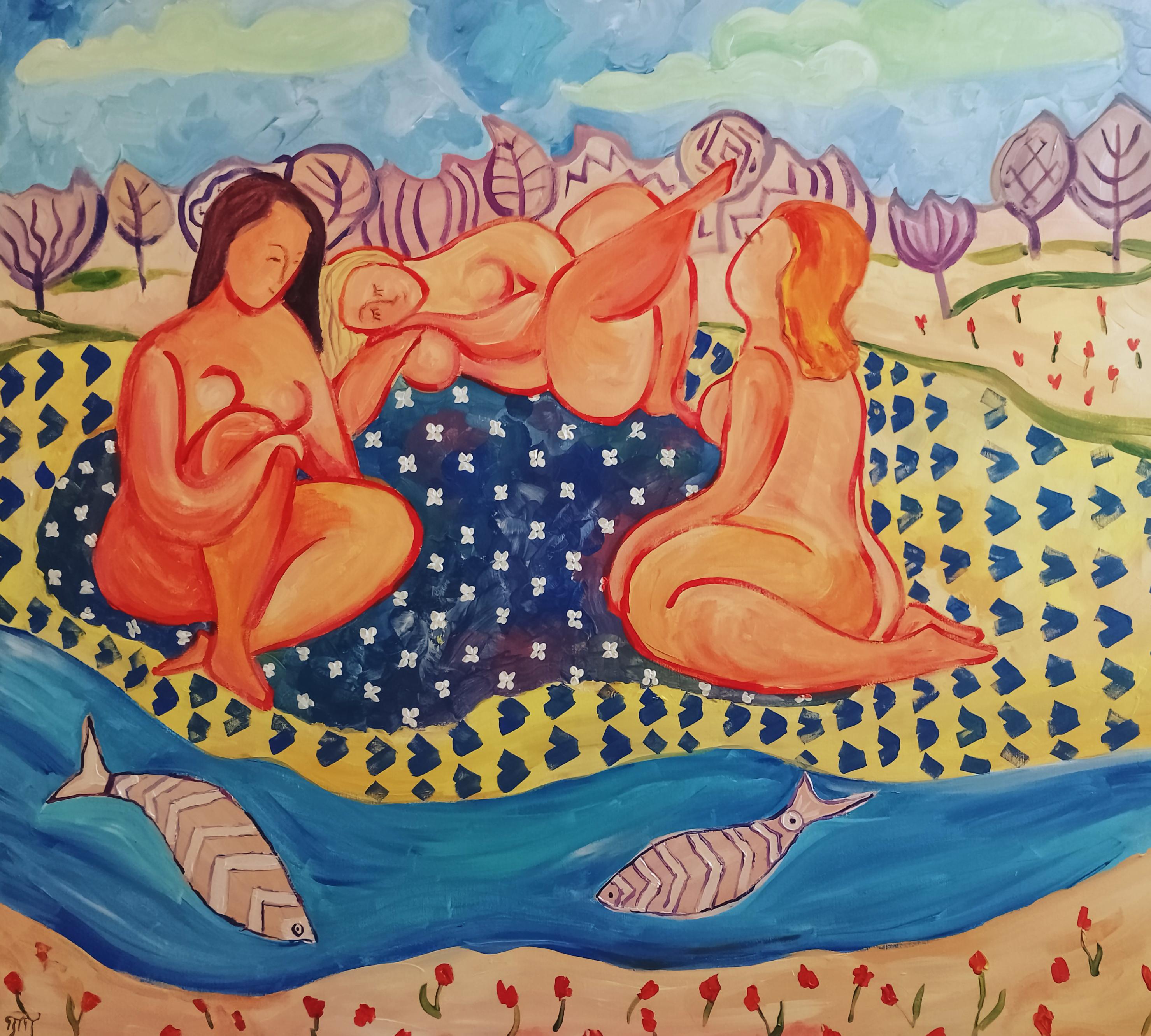 "Contemplations by the River," part of my evocative "Thoughts" series, is a journey into the serene embrace of nature and the introspective spirit of femininity. This painting resonates with the raw energy of primitivism and the vividness of color,