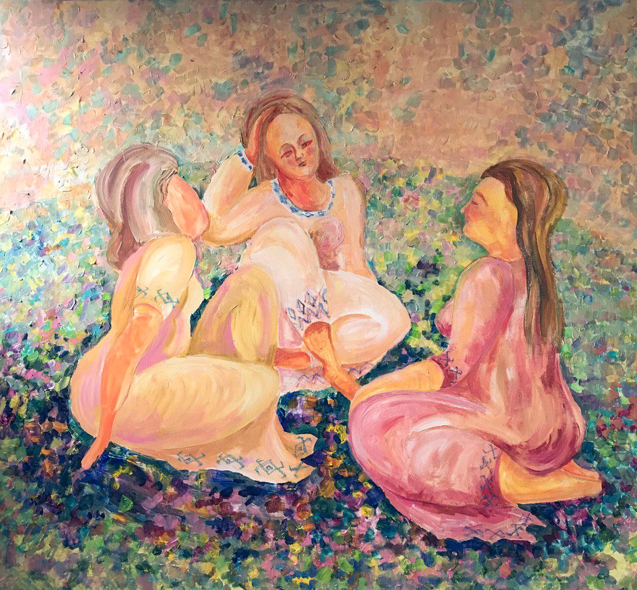 In this latest addition to the "Gardens of Resilience" series, the canvas comes alive with the vibrant presence of three women immersed in dialogue amidst a blossoming meadow. Through intricate patterns adorning their attire, echoes of ancient