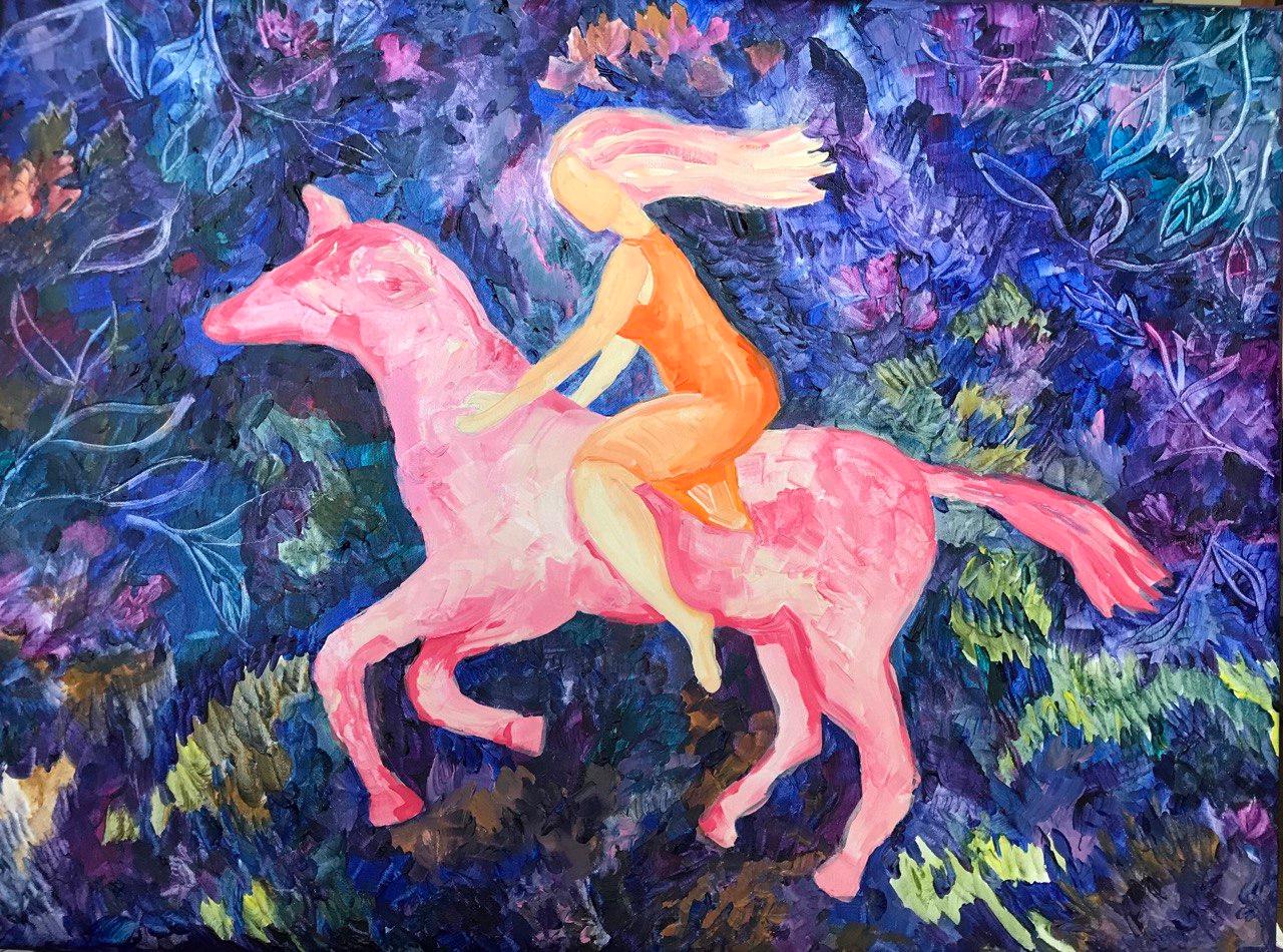 "Enchanted Ride" is a captivating addition to the "Myths" series, offering a glimpse into the mystical world where ancient tales come to life. In this artwork, a woman gracefully rides on horseback through a forest shrouded in mystery and
