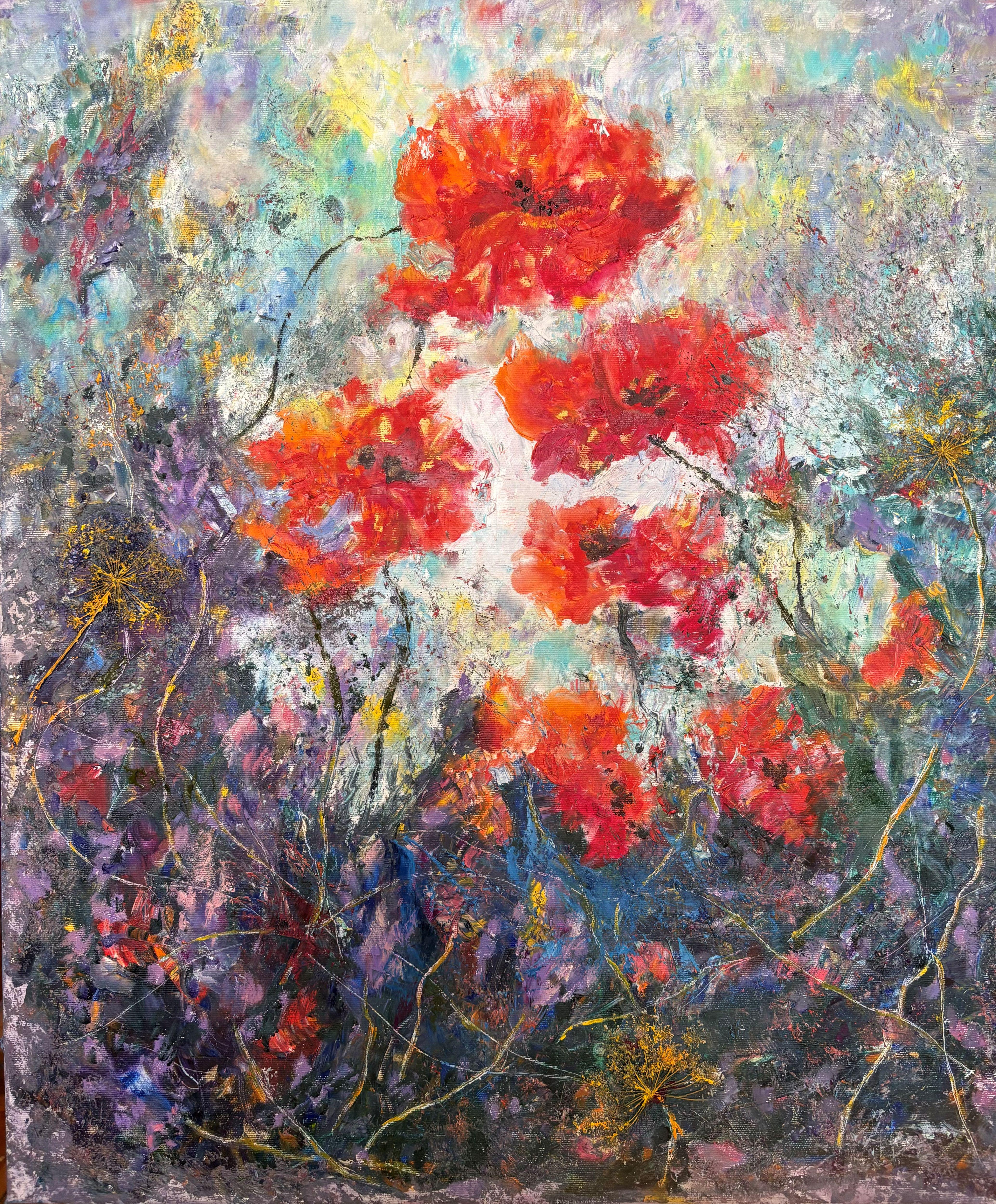 L'essence de la floraison : Les coquelicots rouges - Peinture à l'huile expressionniste intuitive originale