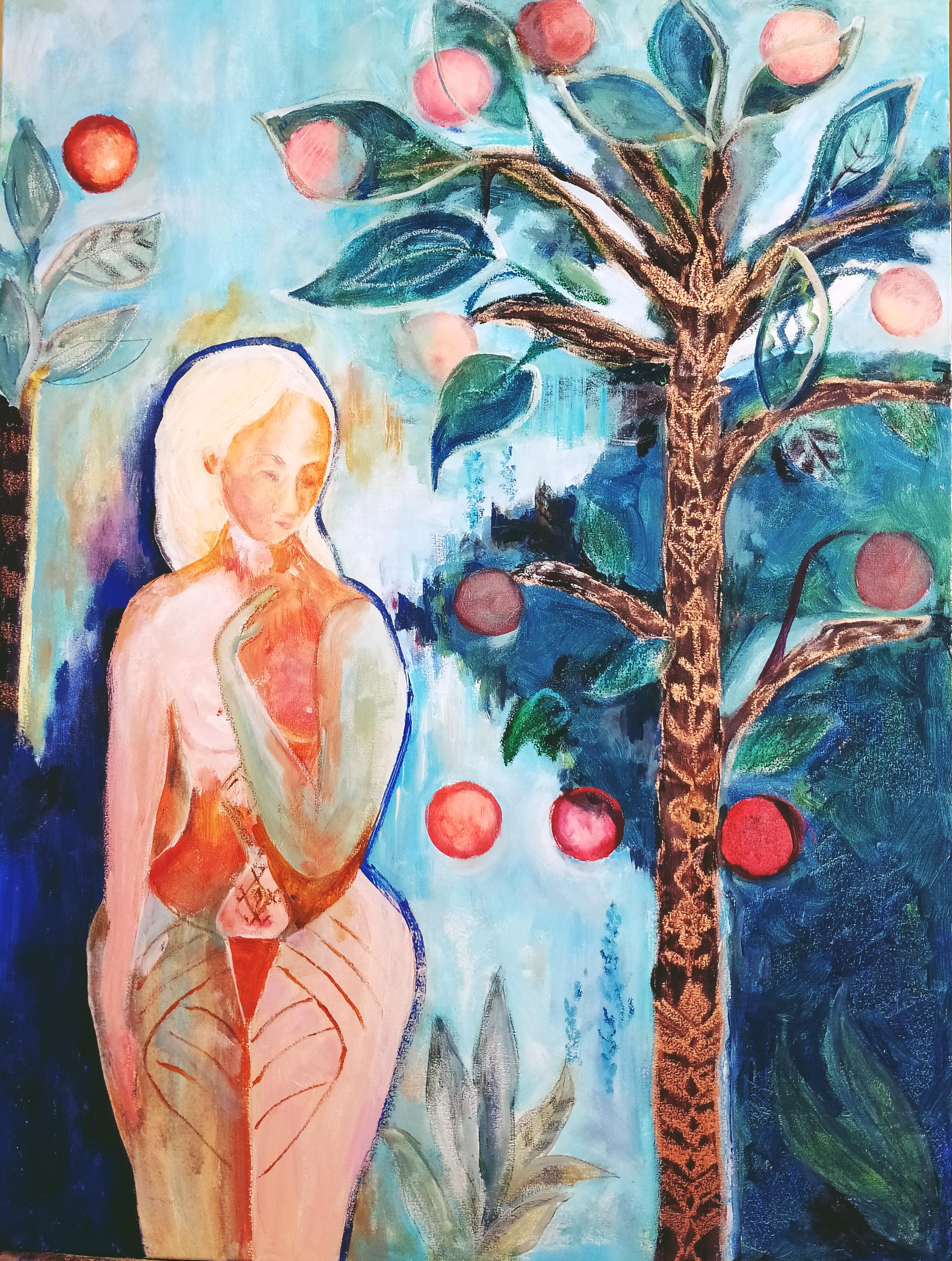 This painting is an attempt to blend ancient symbols, contemporary understanding of feminine essence, and profound philosophical contemplations inspired by existentialism and phenomenology. The woman, represented in the image of Eve, stands as an