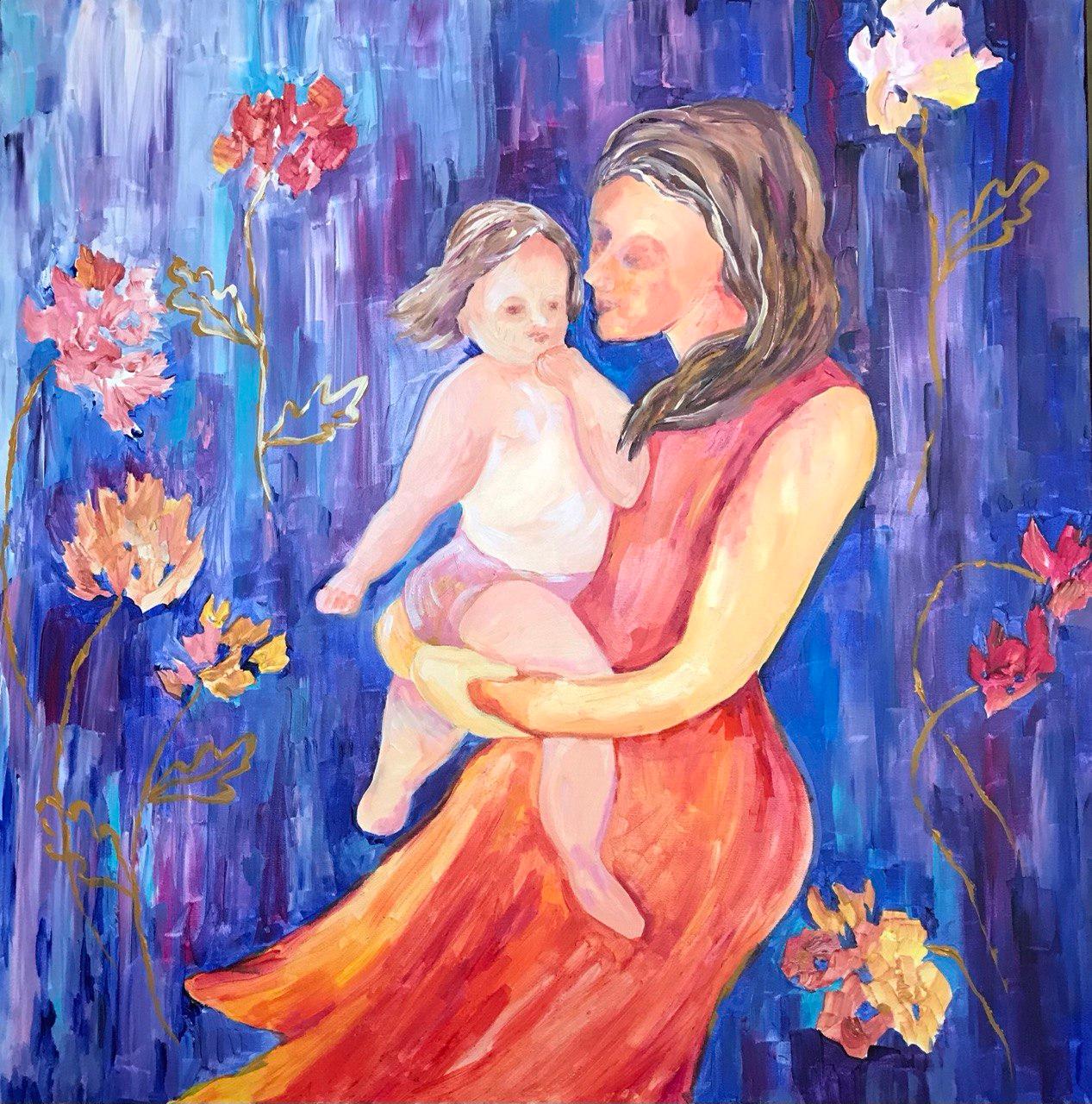 In the latest addition to the "The Joy Series: A Journey to Inner Happiness," the artist presents a captivating portrayal of love and generations. At the heart of the canvas, a mother tenderly holds her child in her arms, embodying the timeless bond