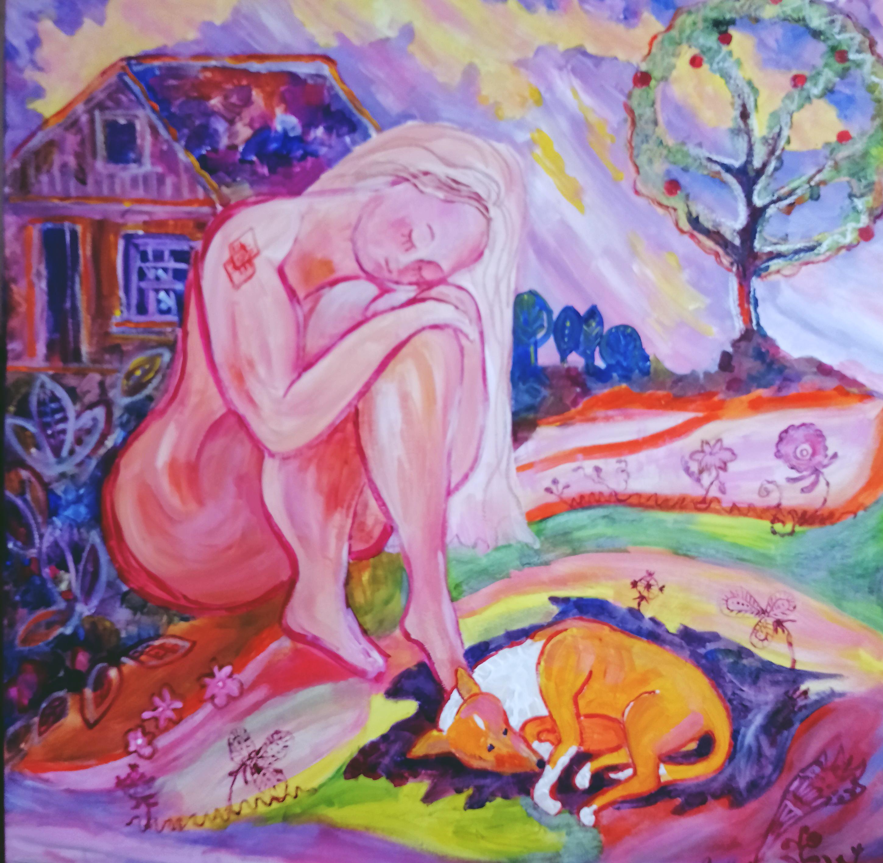 
In "Harmony in Bloom," my latest canvas comes to life, capturing a serene moment of coexistence between a woman, her loyal companion, and the enduring forces of nature. Set against the backdrop of her home, nestled within the tranquil embrace of