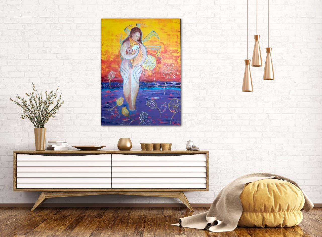This poignant artwork, measuring 60*80 cm and crafted with oil on canvas, delves into the profound philosophy that guides the artist's creative journey. The scene unfolds with a woman tenderly cradling a puppy, their connection symbolizing a