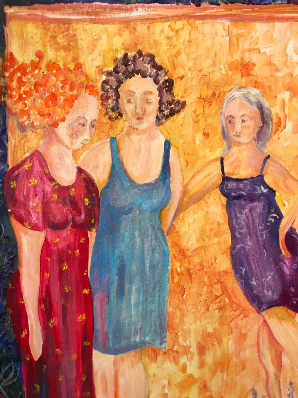 Sisters' Embrace, Happiness Series: Journey to Inner Peace original painting  - Painting by Tetiana Pchelnykova