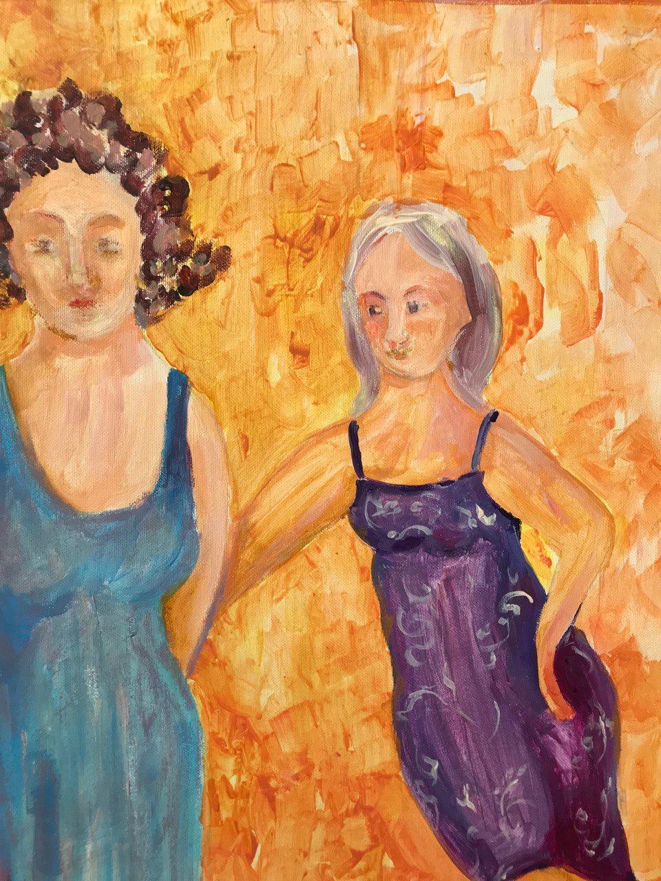 Sisters' Embrace, Happiness Series: Journey to Inner Peace original painting  - Contemporary Painting by Tetiana Pchelnykova