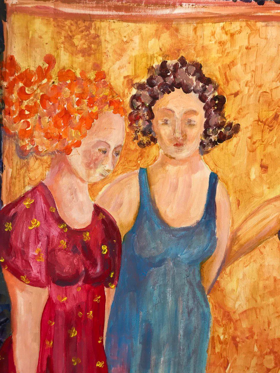 Sisters' Embrace, Happiness Series: Journey to Inner Peace Originalgemälde (Orange), Nude Painting, von Tetiana Pchelnykova