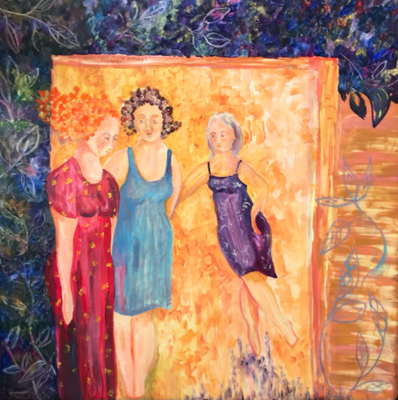 Tetiana Pchelnykova Nude Painting – Sisters' Embrace, Happiness Series: Journey to Inner Peace Originalgemälde