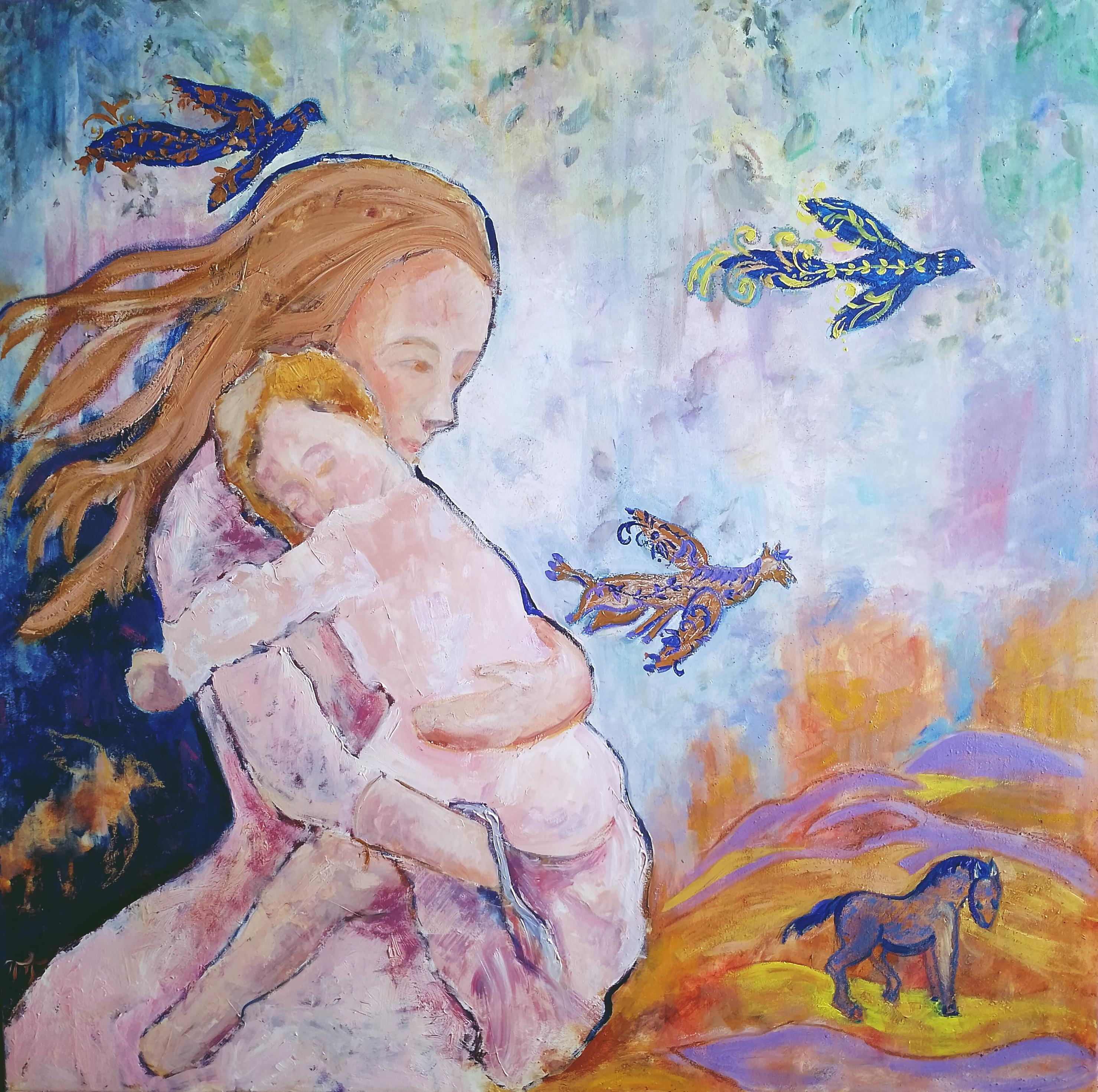 "Journey Home: A Mother's Tale" der ukrainischen Künstlerin Tetiana Pchelnikova ist eine raffinierte Fortsetzung ihrer tiefgreifenden künstlerischen Erforschung der Rolle der Frau in der Gesellschaft. Dieses große Ölgemälde auf einer 80x80 cm großen