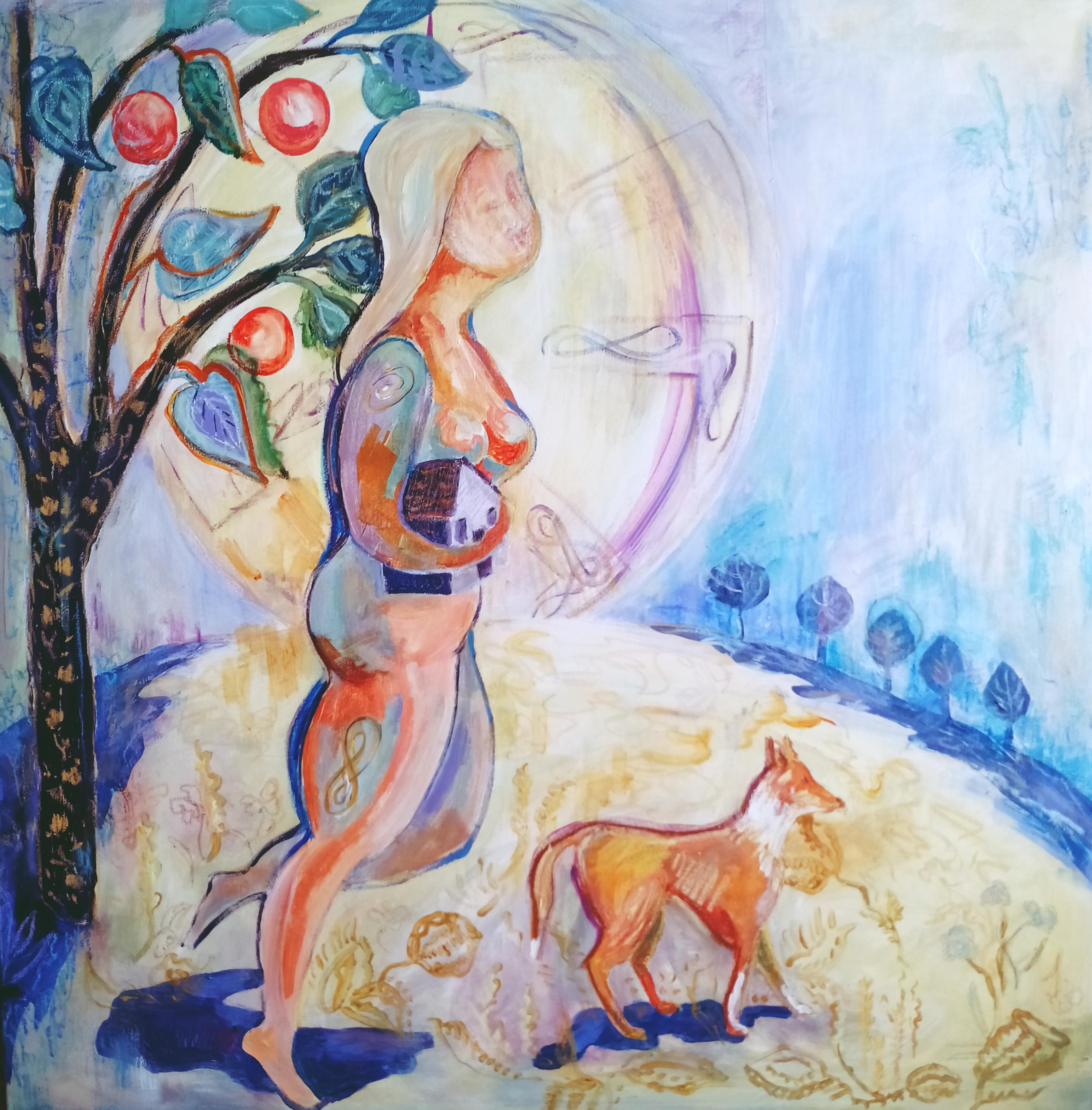 Journey to the Inner Abode" ist ein nachdenkliches Gemälde in Acryl und Ölpastell, das den Betrachter auf eine metaphorische Reise zum Kern seines Seins einlädt, hier dargestellt durch eine Frau, die ein Haus trägt - das Symbol für Heimat