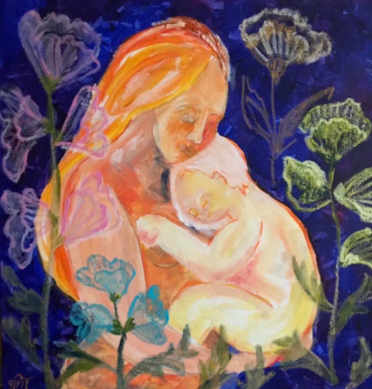 Tetiana Pchelnykova Figurative Painting - Mother's Embrace, "Gardens of Resilience" series, original painting 