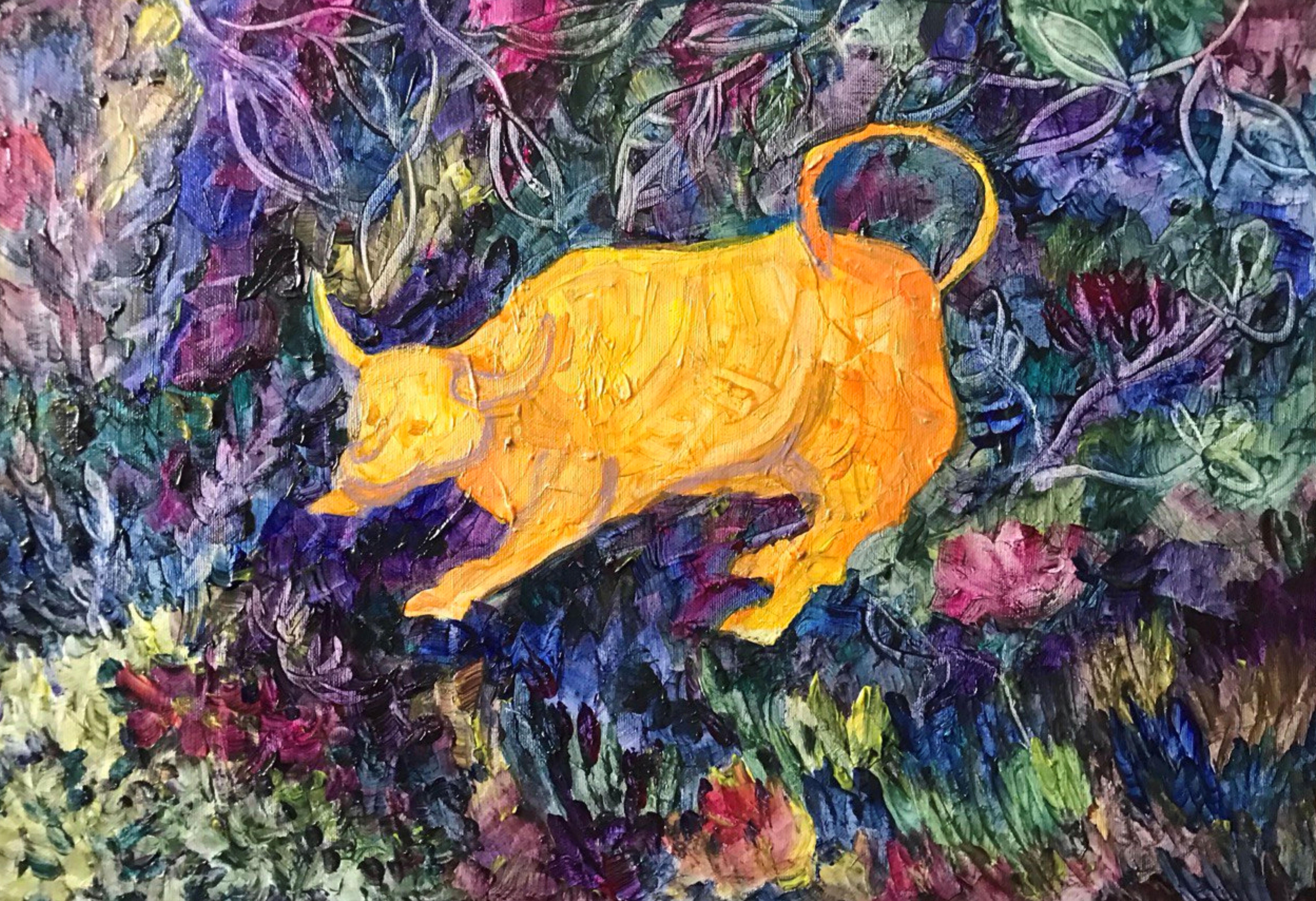 Fabricada en 2024, esta pieza de Arte Contemporáneo explora la intersección entre realidad y mitología a través de la representación de un toro dorado. Con un fondo de bosque, la obra utiliza la textura y el color para dar vida al mítico animal.