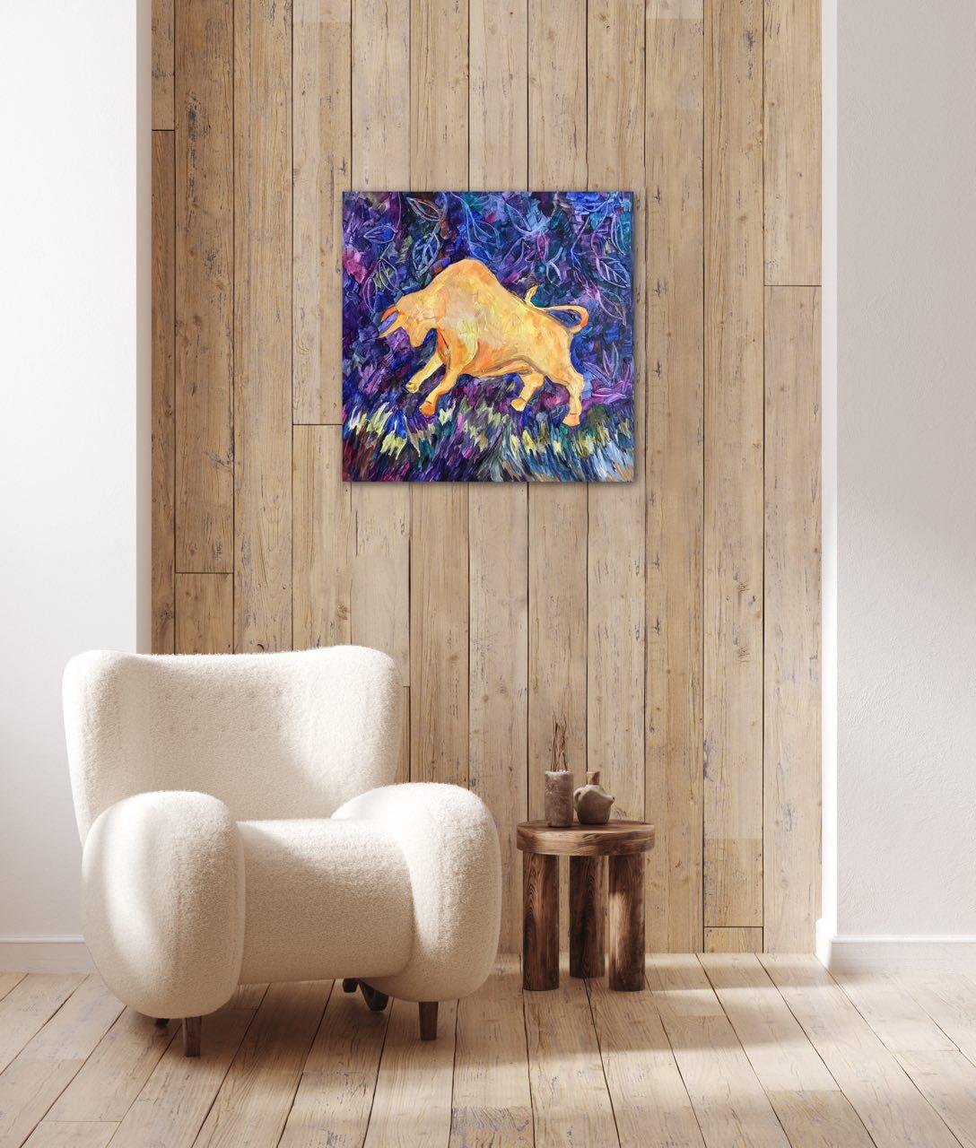 Myth's Majesty: Golden Bull original painting For Sale 2