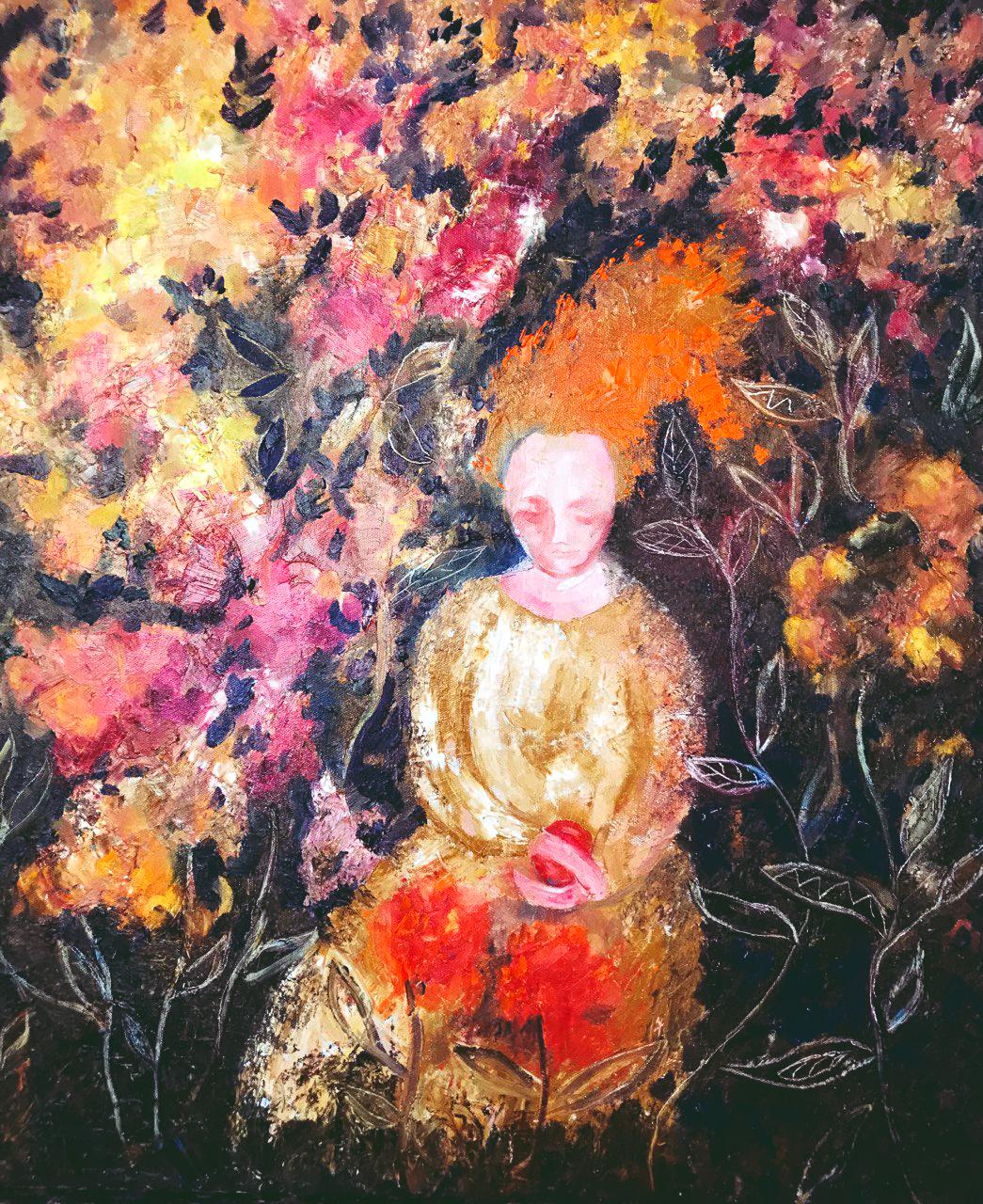 Tetiana Pchelnykova Nude Painting – Rothaariges Mädchen, Original-Ölgemälde der Serie „Gardens of Resilience“, Original