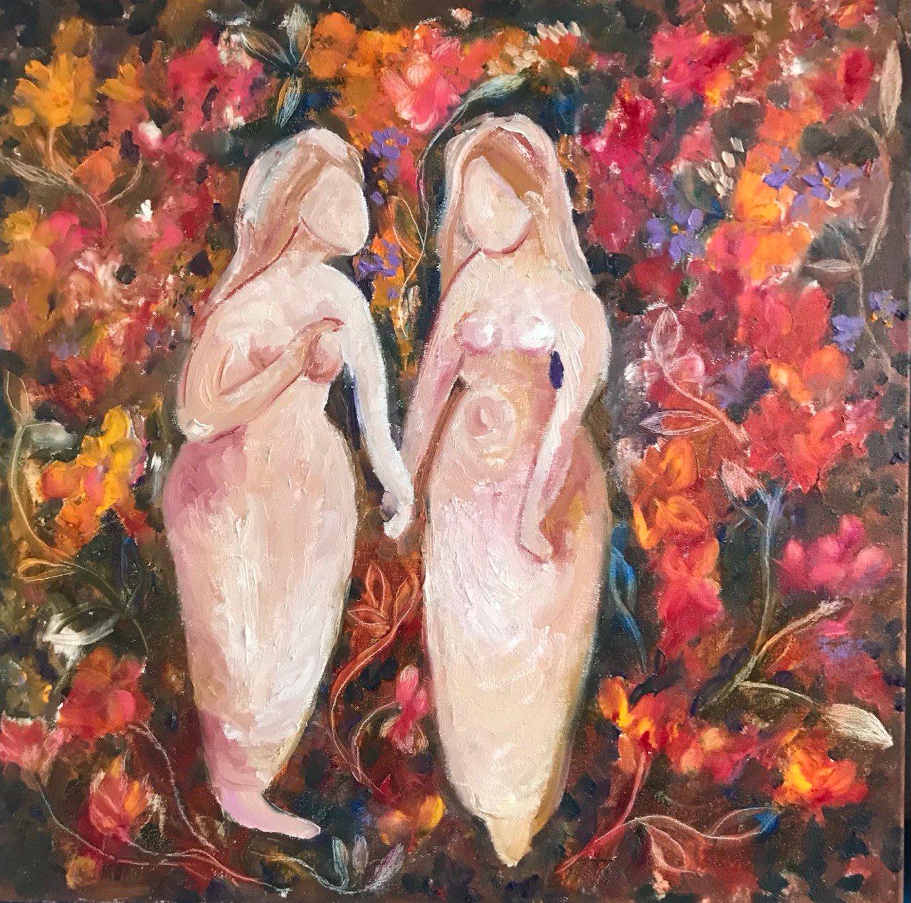 Tetiana Pchelnykova Figurative Painting - Sisters in the garden, "Gardens of Resilience" series original art 