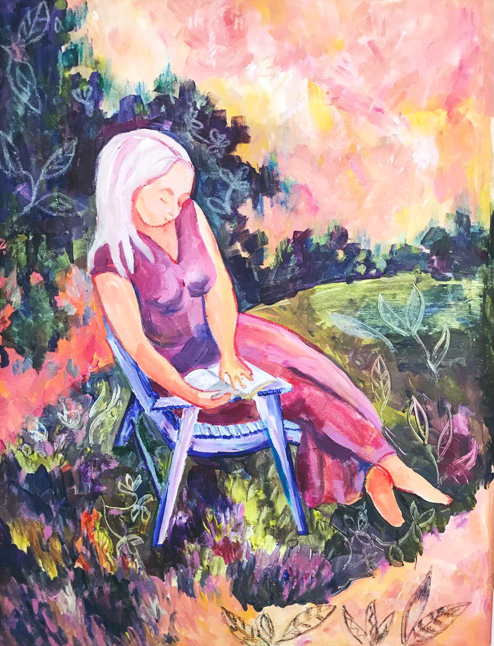 Tetiana Pchelnykova Figurative Painting - Solitude in the Garden , The Joy Series: A Journey to Inner Happiness  