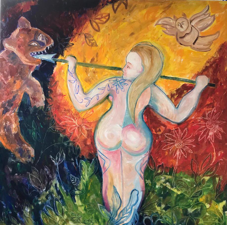 "The Power of Good," a compelling 100x100 cm oil on canvas from the "Self-Perception" series, manifests a profound narrative steeped in the contemporary struggle for moral triumph. The painting depicts a woman, poised with a spear, in the act of