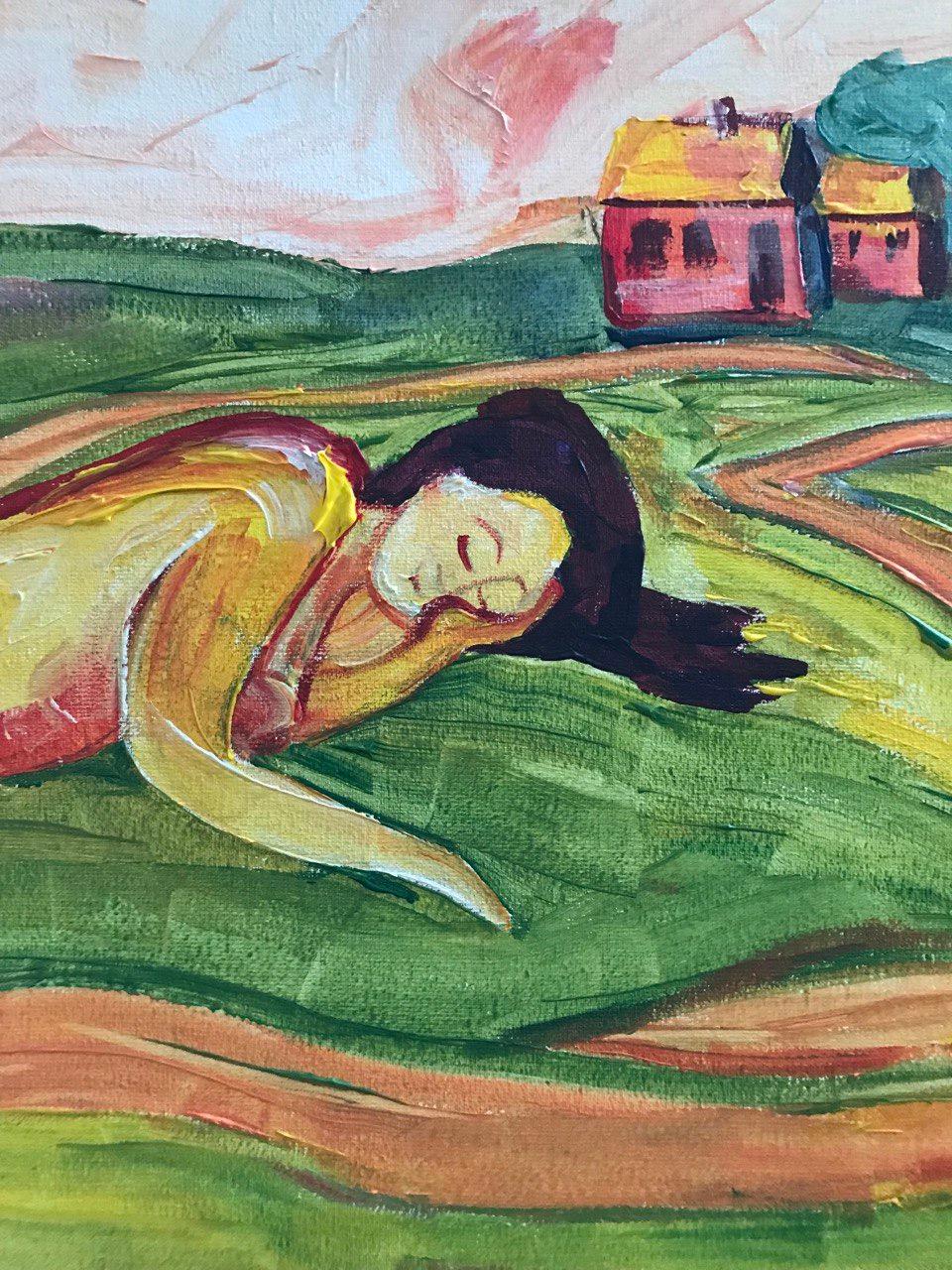  In this mesmerizing piece, viewers are transported to a tranquil meadow where a sleeping woman reclines amidst the verdant splendor of nature. Against the backdrop of a serene landscape adorned with towering trees and a distant homestead, the scene