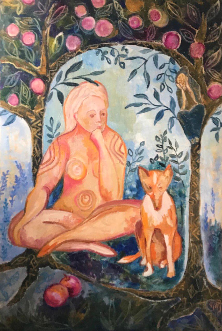 In dem kontemplativen Werk "Thoughts: The Eve Within" setzt die ukrainische Künstlerin Tatyana Pchelnikova ihre Erforschung der weiblichen Psyche durch die Linse ihrer "Thoughts"-Serie fort. Dieses Öl auf Leinwand im Format 60x90 cm zeigt eine junge