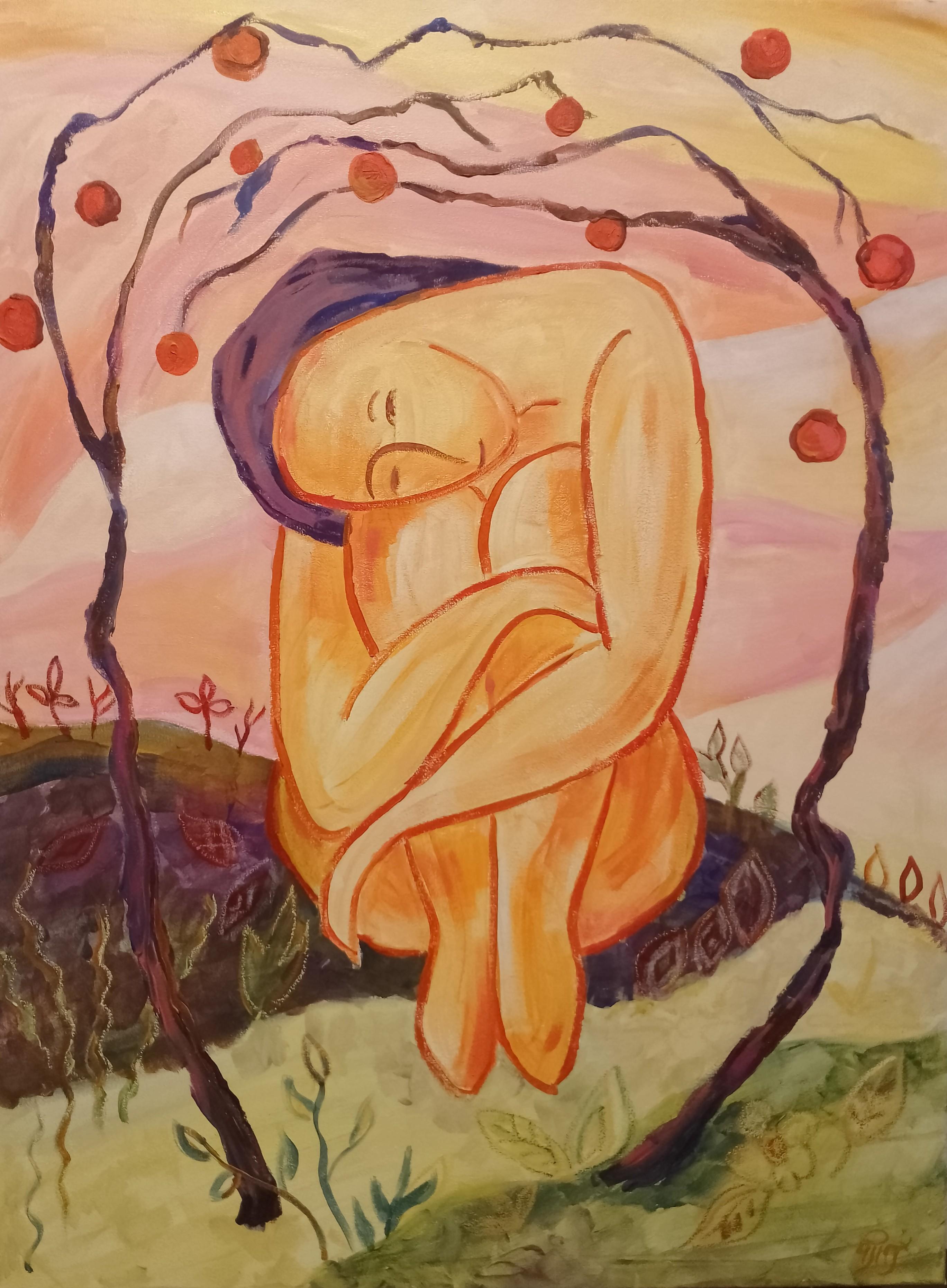 In der beschwörenden Stille von "Whispers of Ancestry", dem jüngsten Gemälde meiner Serie "Thoughts", stelle ich eine junge Frau dar, die in einer Geste der Kontemplation und des Selbstschutzes die Knie an die Brust gezogen hat. Ihre nackte Form