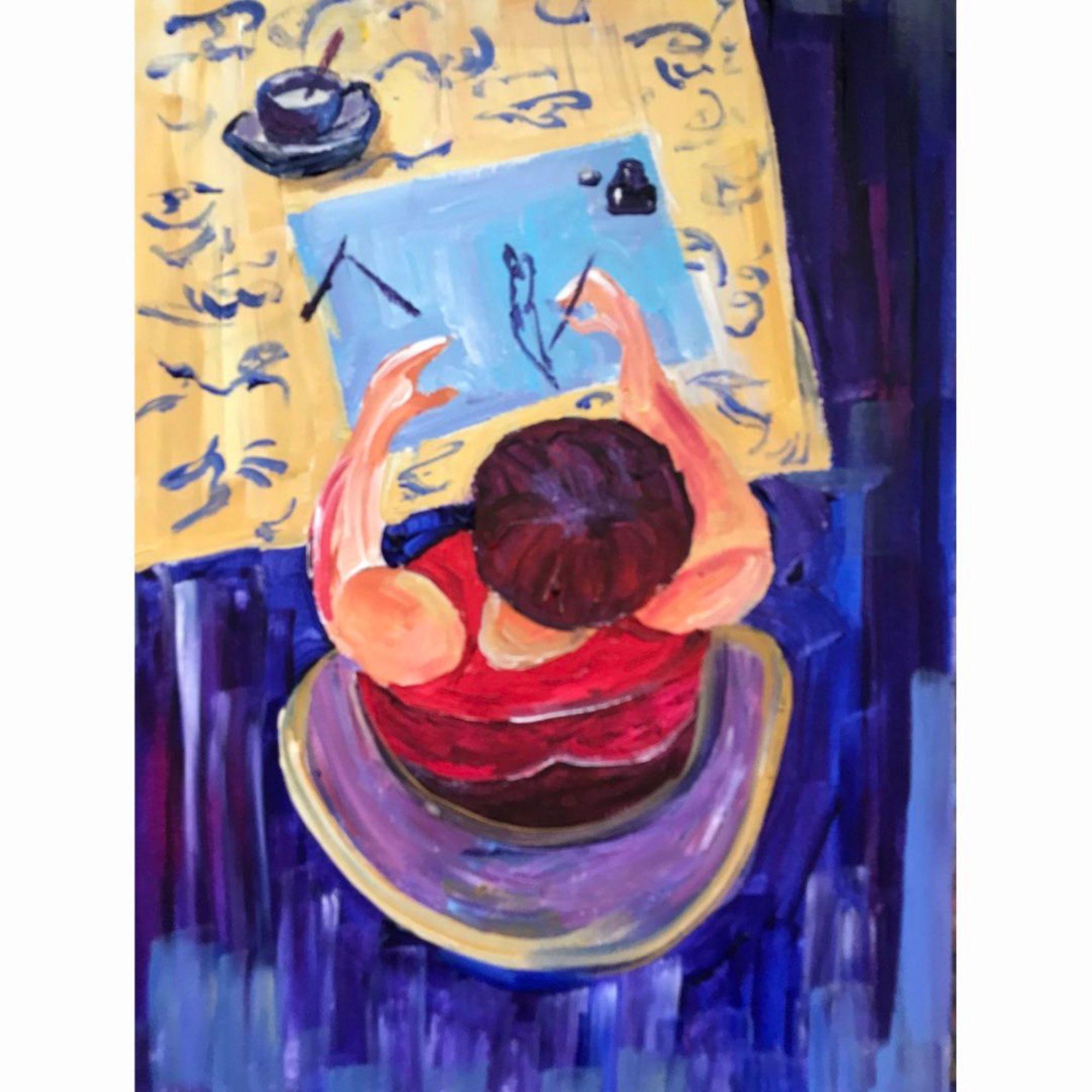 Figurative Painting di Tetiana Pchelnykova - Donna a tavola, serie "The Joy Series: Un viaggio verso la felicità interiore".