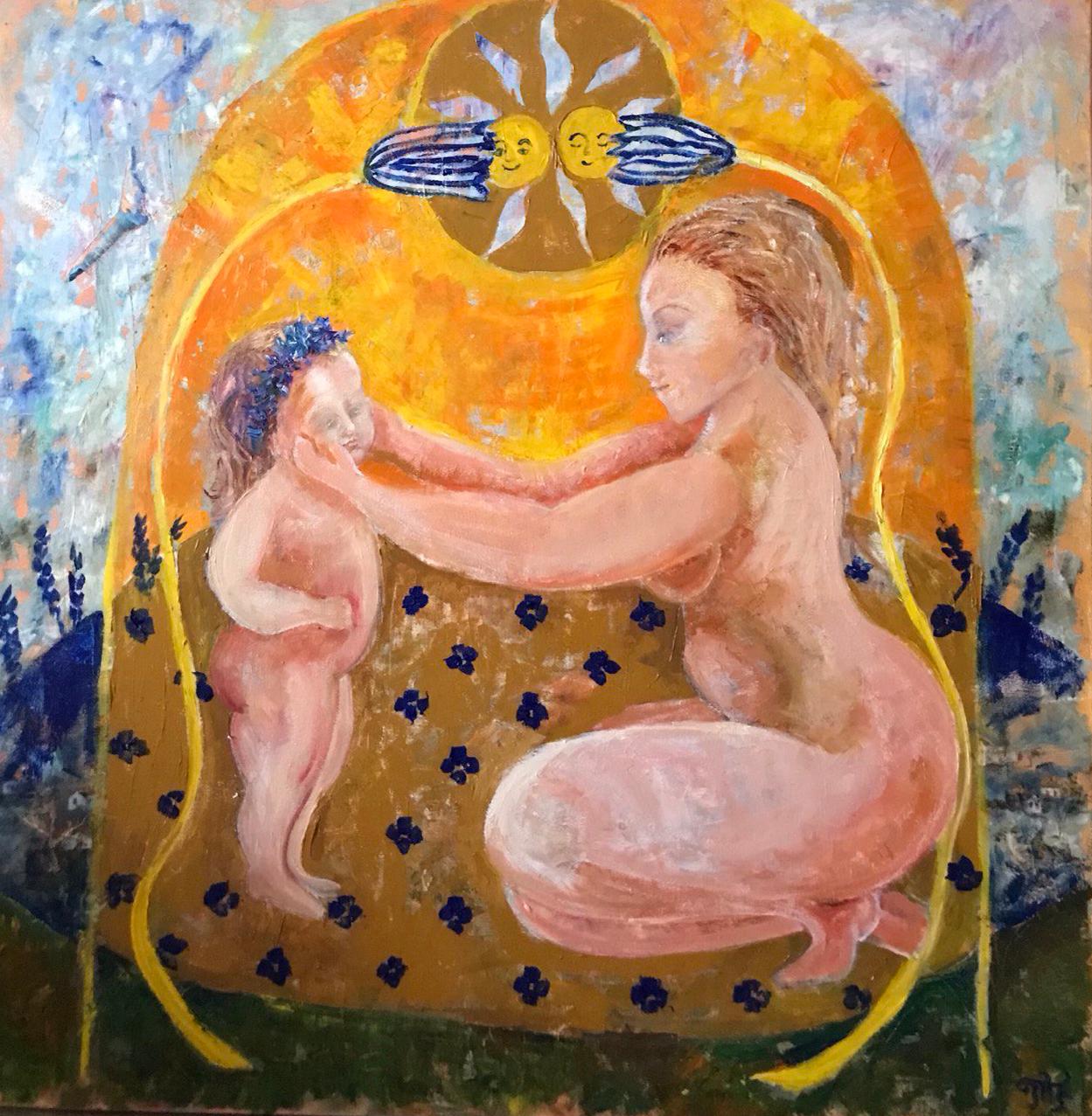 In the artwork titled "You Are My Universe," a profound narrative unfolds within the realm of the "Self-Perception" series. This painting encapsulates a poignant moment shared between a mother and her daughter, transcending the boundaries of time