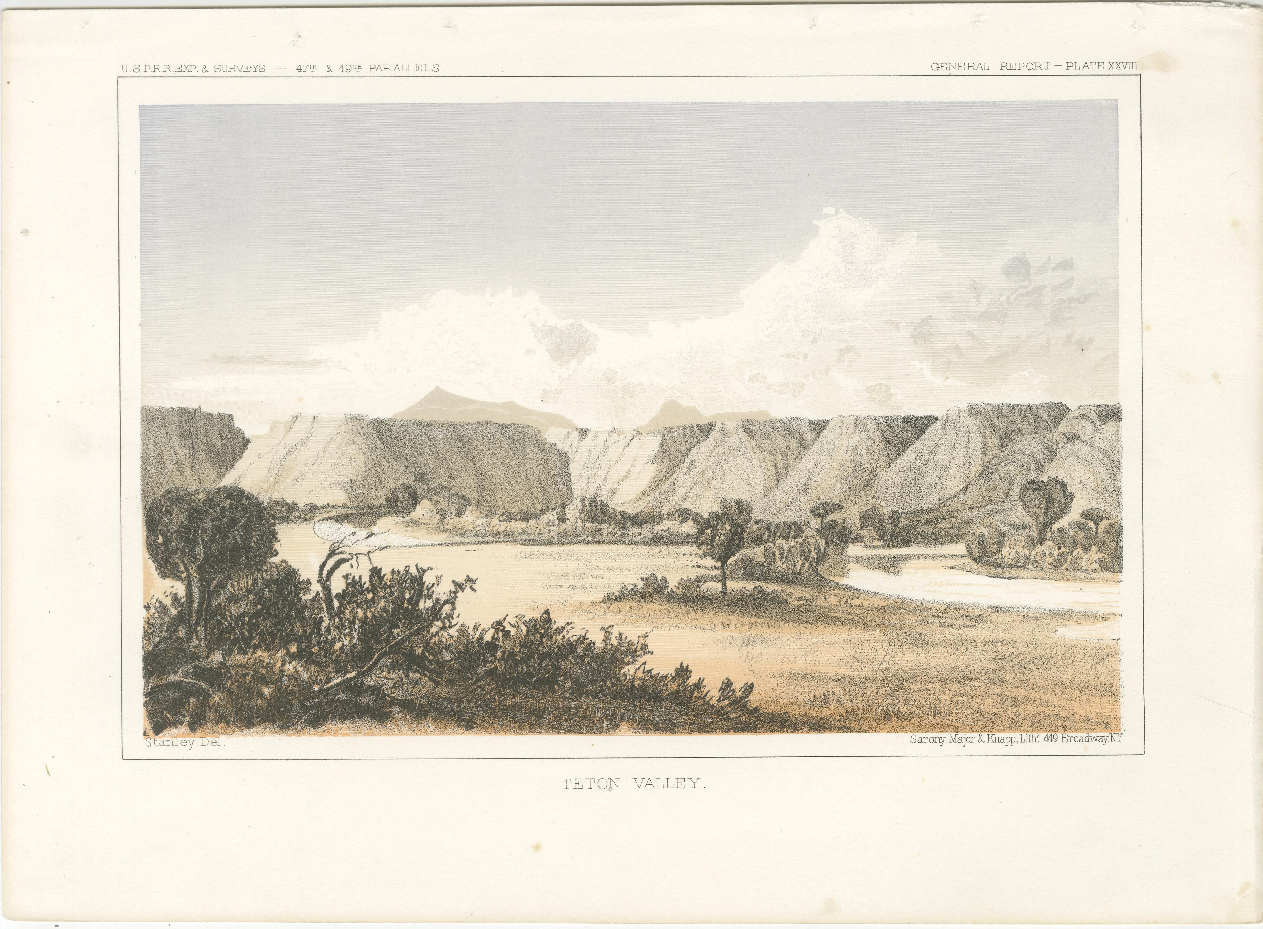 Titel: Teton Valley - getönte Lithographie aus der Vermessung der Pazifik-Eisenbahn, 1856  

Beschreibung: Diese wunderschöne Lithografie 