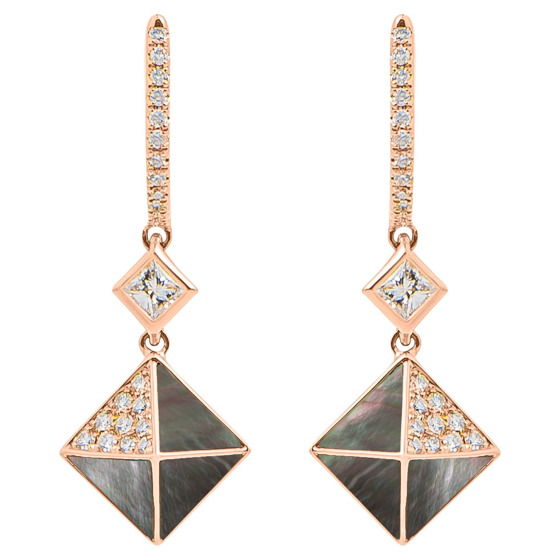 Tetra Apex Earrings with Grey Mother of Pearl and Diamonds in 18k Rose Gold