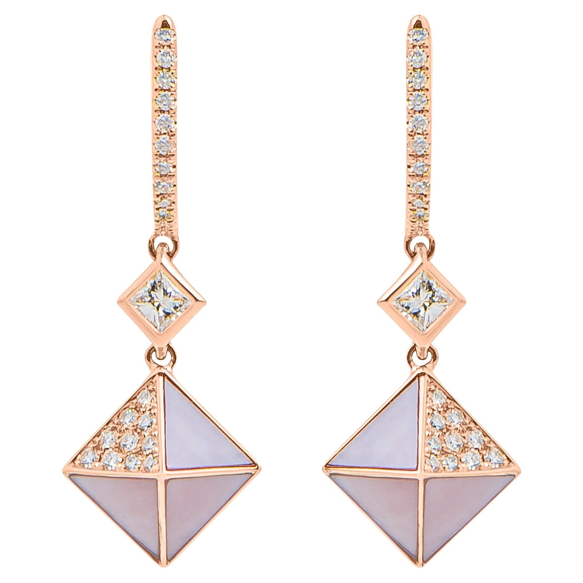 Tetra Apex Earrings with Pink Mother of Pearl and Diamonds in 18k Rose Gold For Sale