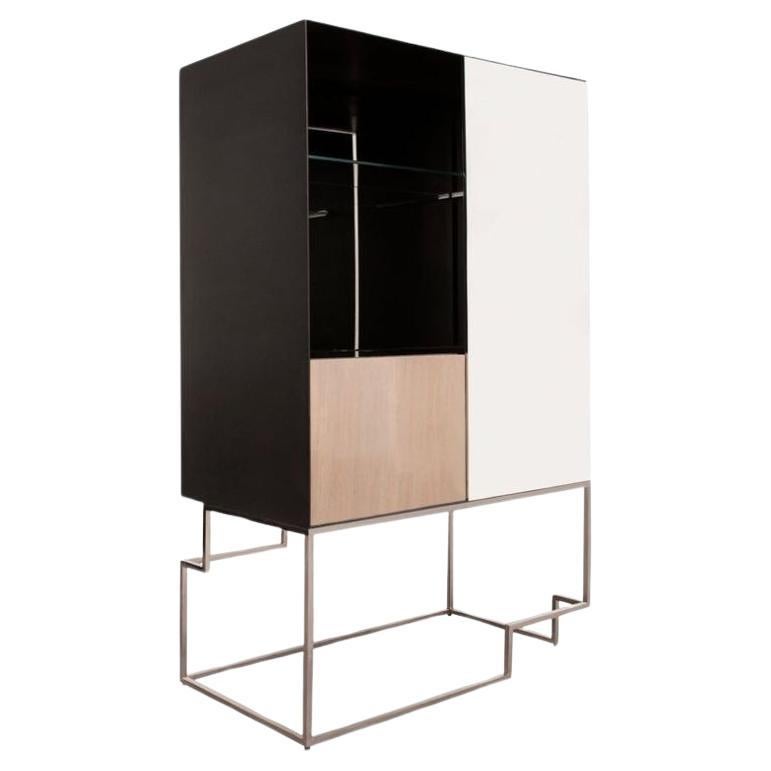 TETRA, Bar in High Gloss Sycamore, G-Metal Steel and Polished Stainless Steel