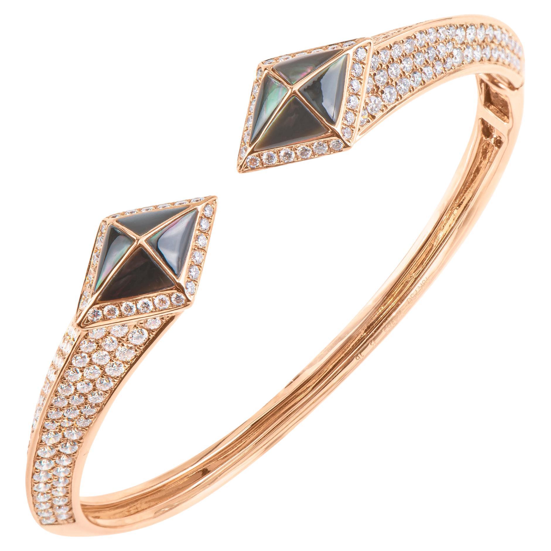 Tetra Hydra Bangle with Grey Mother of Pearl and Diamonds in 18k Rose Gold For Sale