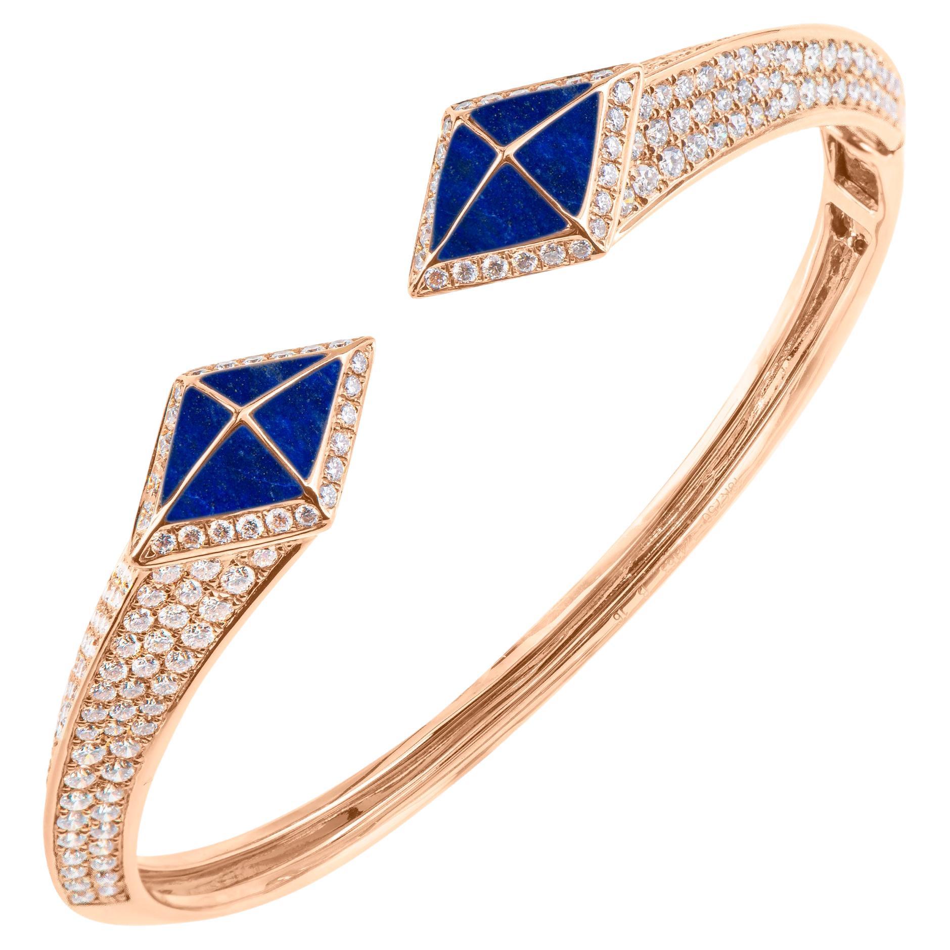 Tetra Hydra Bangle with Lapis Lazuli and Diamonds in 18k Rose Gold For Sale