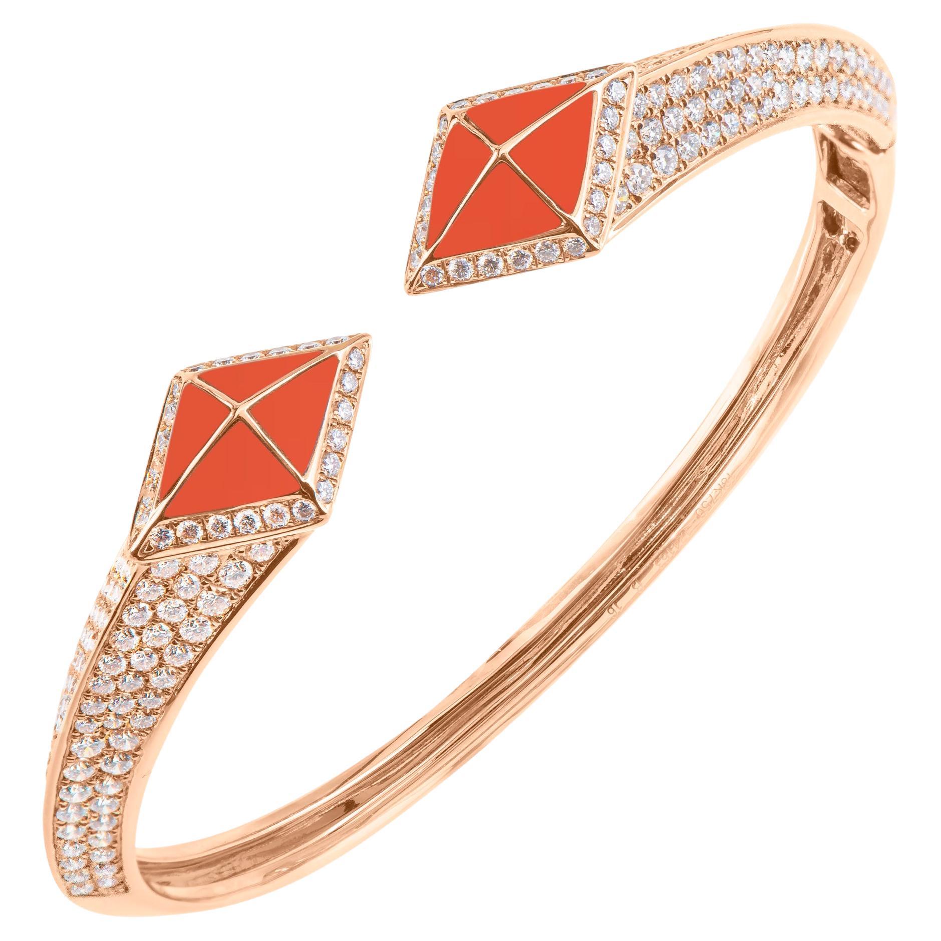 Tetra Hydra Bangle with Orange Coral and Diamonds in 18k Rose Gold
