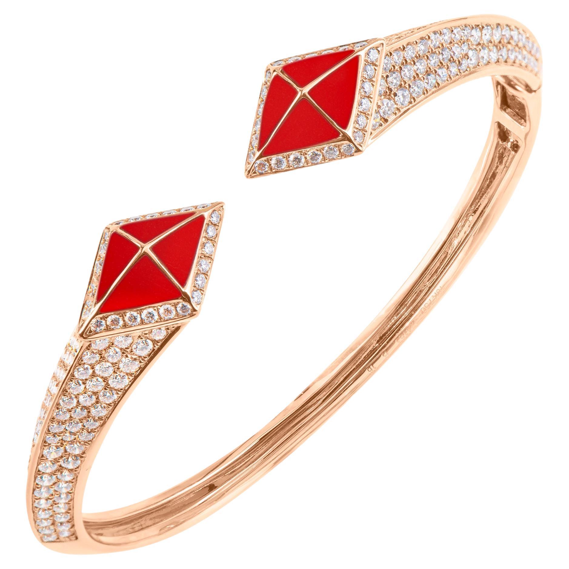 Tetra Hydra Bangle with Red Coral and Diamonds in 18k Rose Gold For Sale