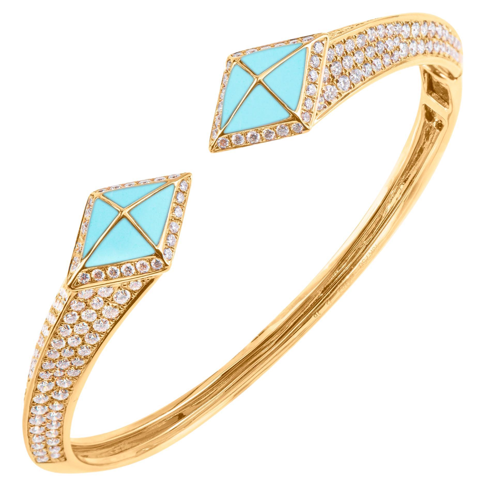 Tetra Hydra Bangle with Turquoise and Diamonds in 18k Yellow Gold For Sale