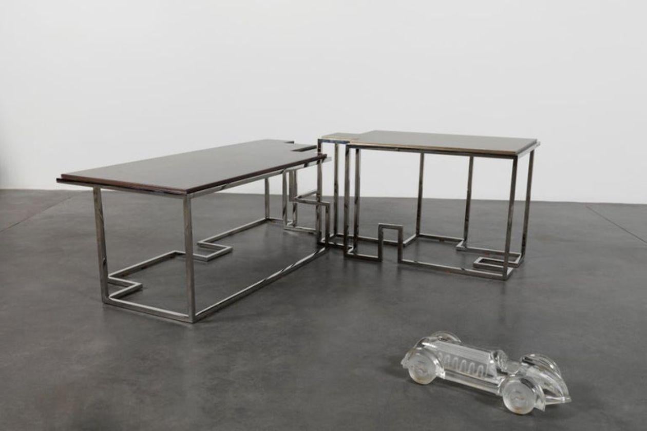 Modern Tetra L, Large Coffee Table in Polished Stainless Steel and High Gloss Sycamore For Sale