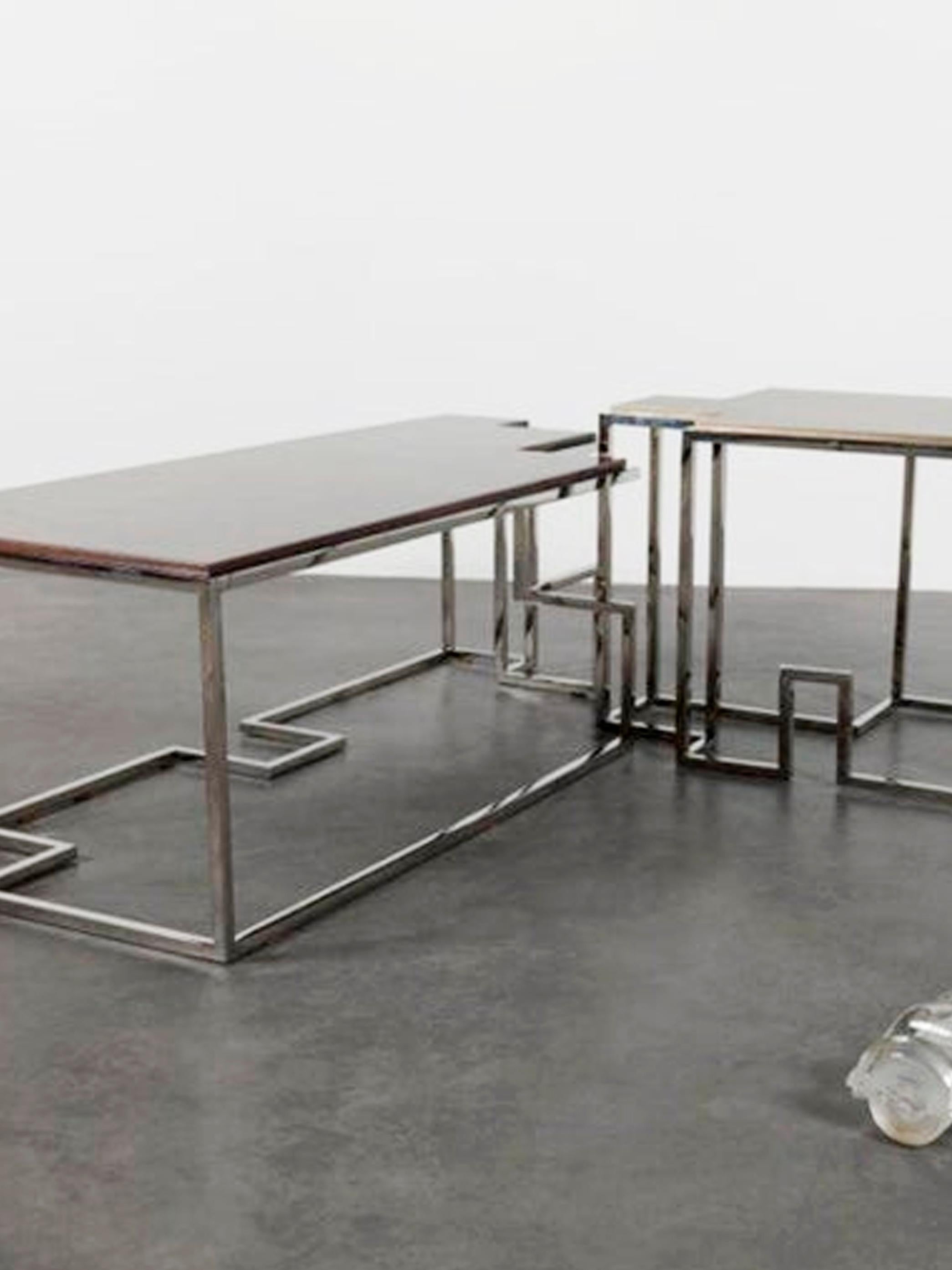 Patinated Tetra L, Large Coffee Table in Polished Stainless Steel and High Gloss Sycamore For Sale
