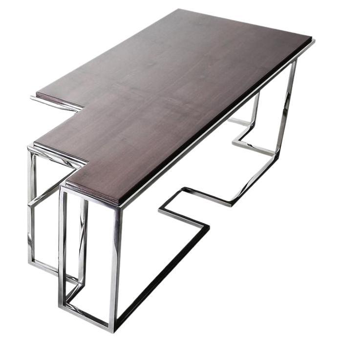 Tetra L, grande table basse en acier inoxydable poli et sycomore brillant