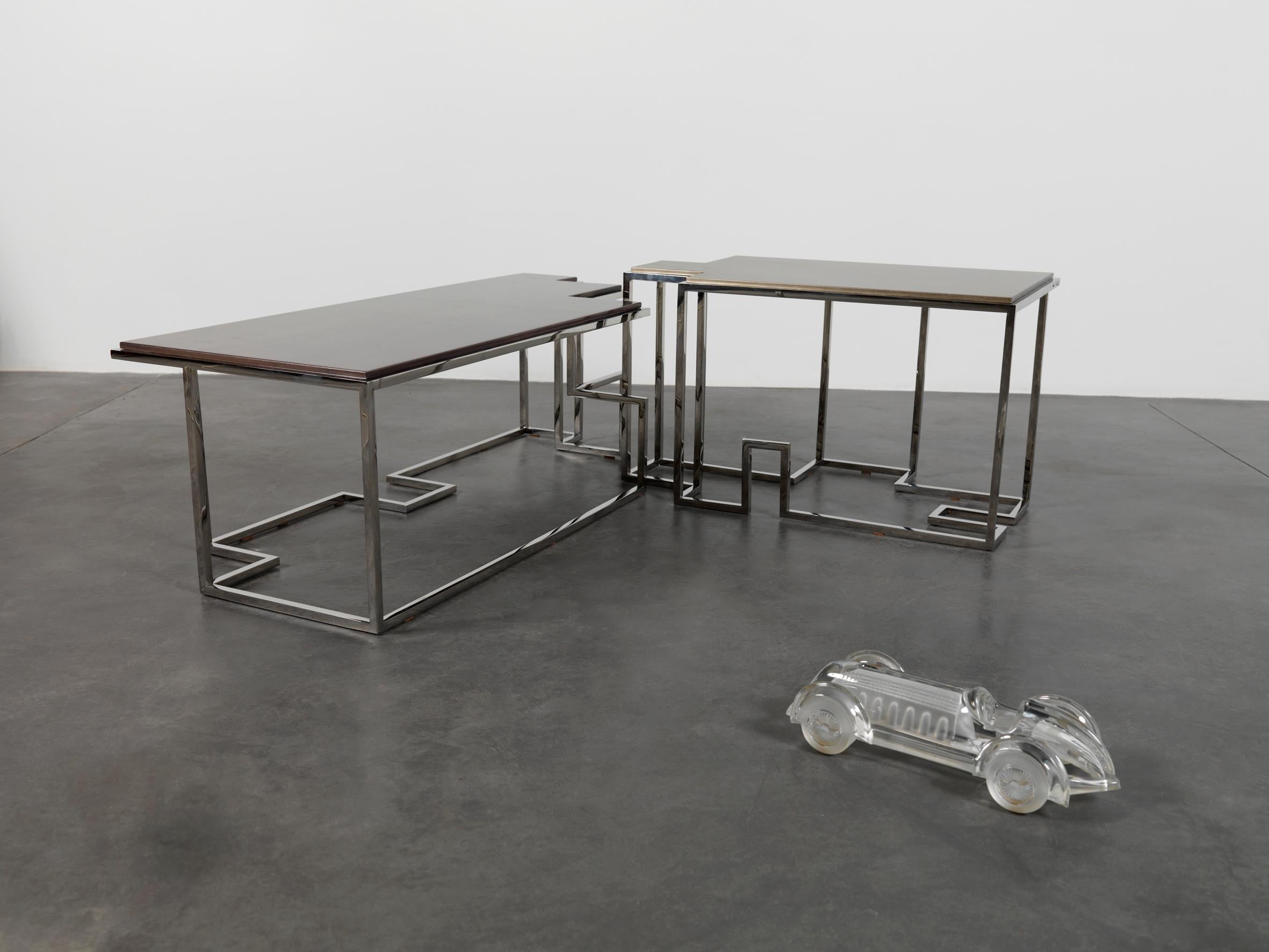 Modern Tetra S, Small Coffee Table in Polished Stainless and Patinated Silver Leaf
