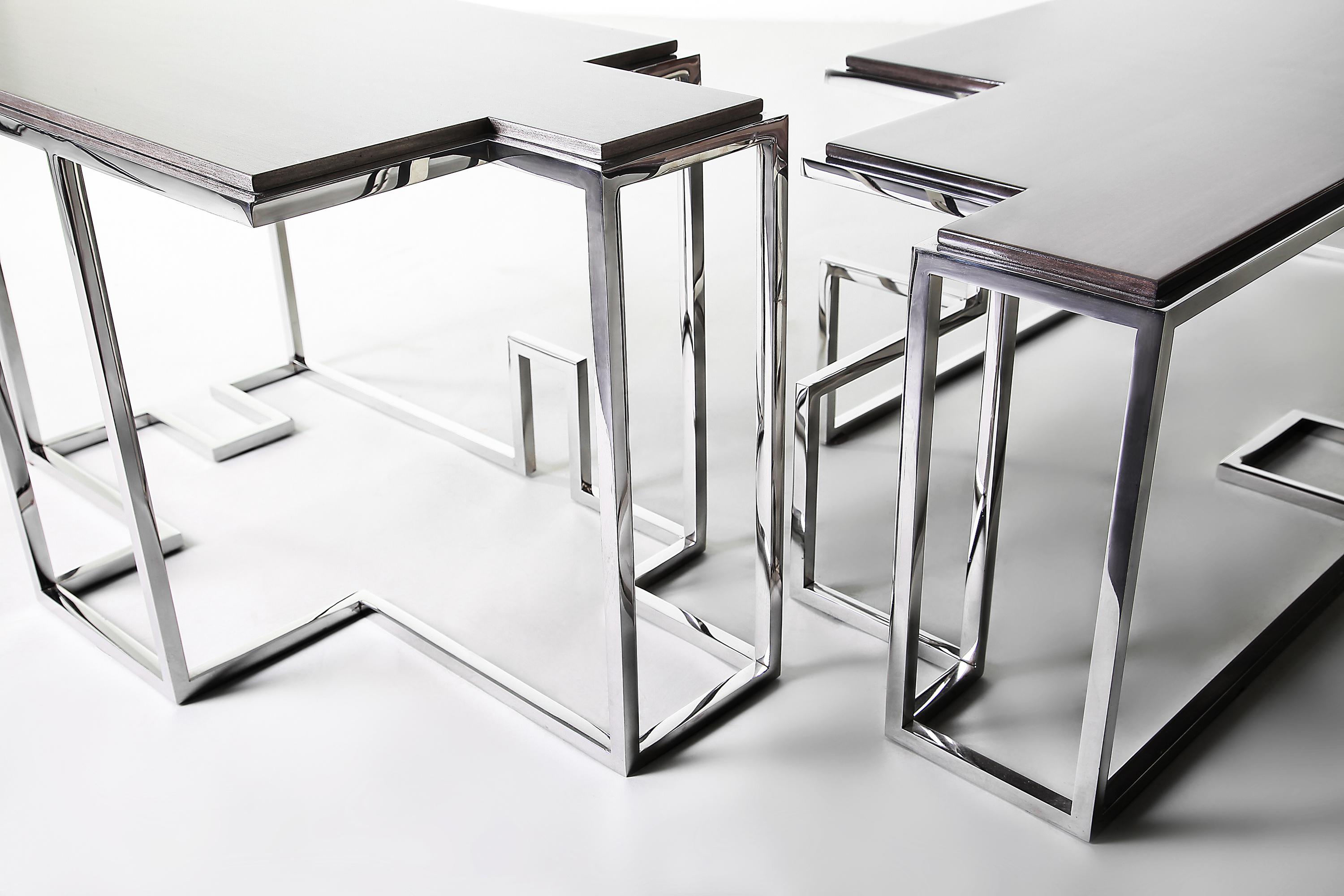 Lebanese Tetra S, Small Coffee Table in Polished Stainless and Patinated Silver Leaf