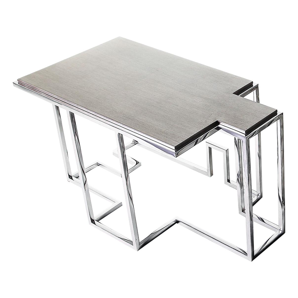 Tetra S, Small Coffee Table in Polished Stainless and Patinated Silver Leaf
