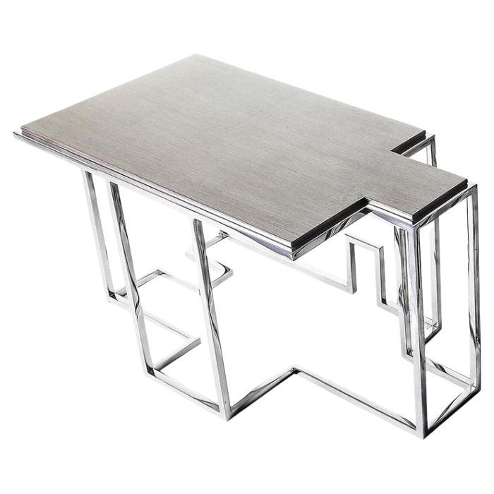 Tetra S, Small Coffee Table in Polished Stainless and Patinated Silver Leaf For Sale