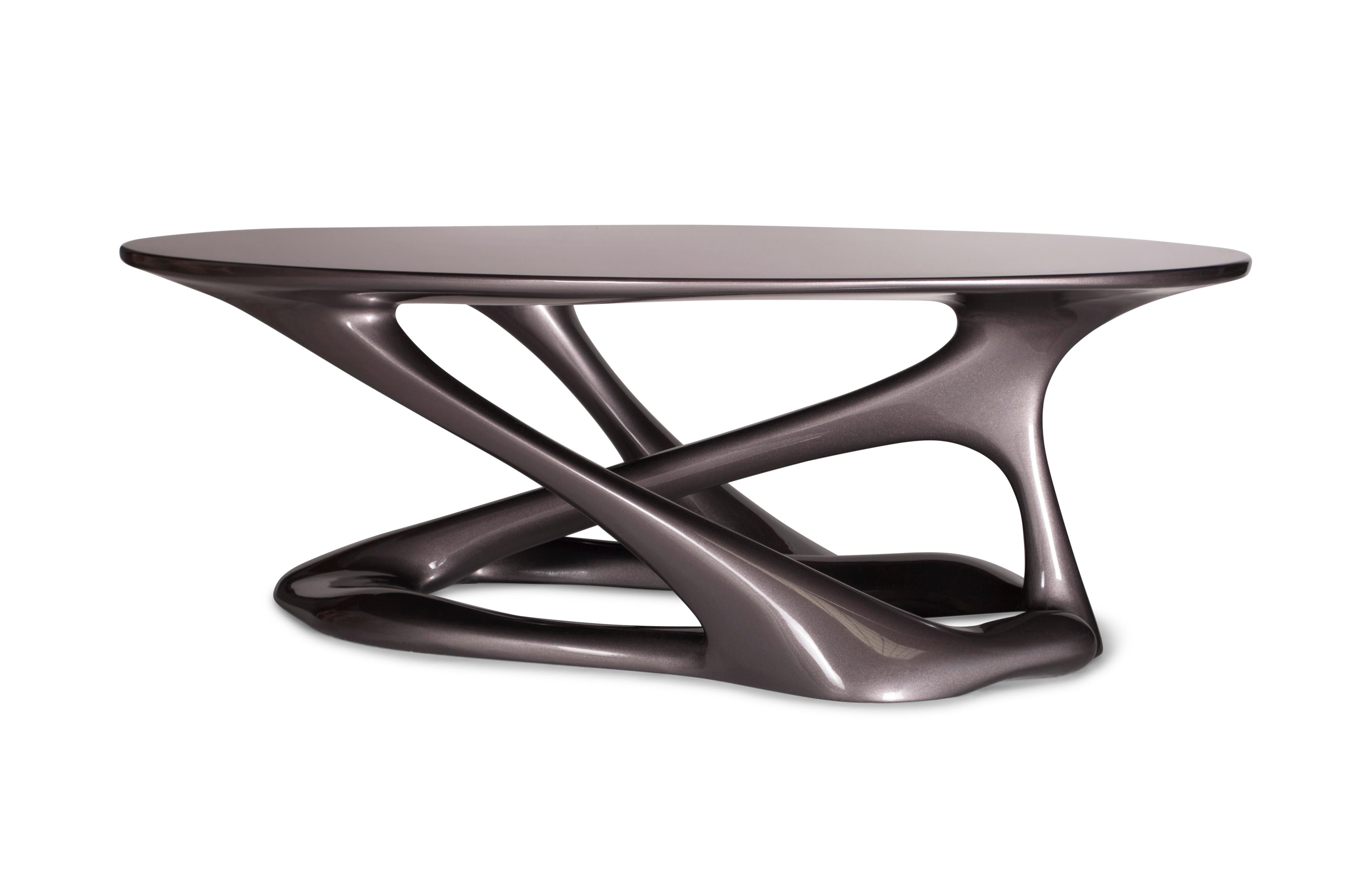 Carved Amorph Tetra Table, Oval Shape, Dark Gray Metallic Finish  For Sale