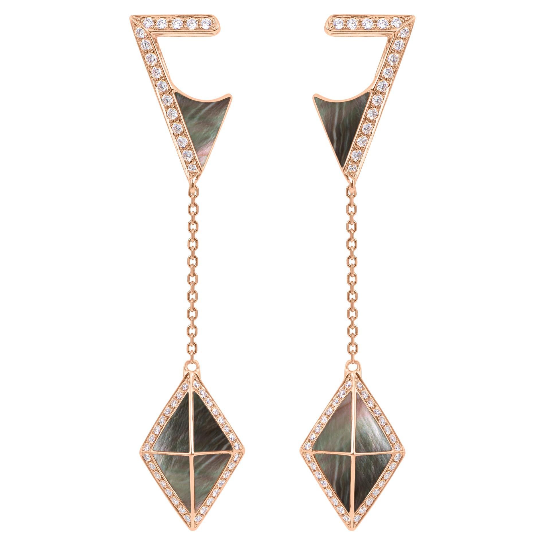 Tetra Tilt Drop Earrings with Grey Mother of Pearl & Diamonds in 18k Rose Gold For Sale