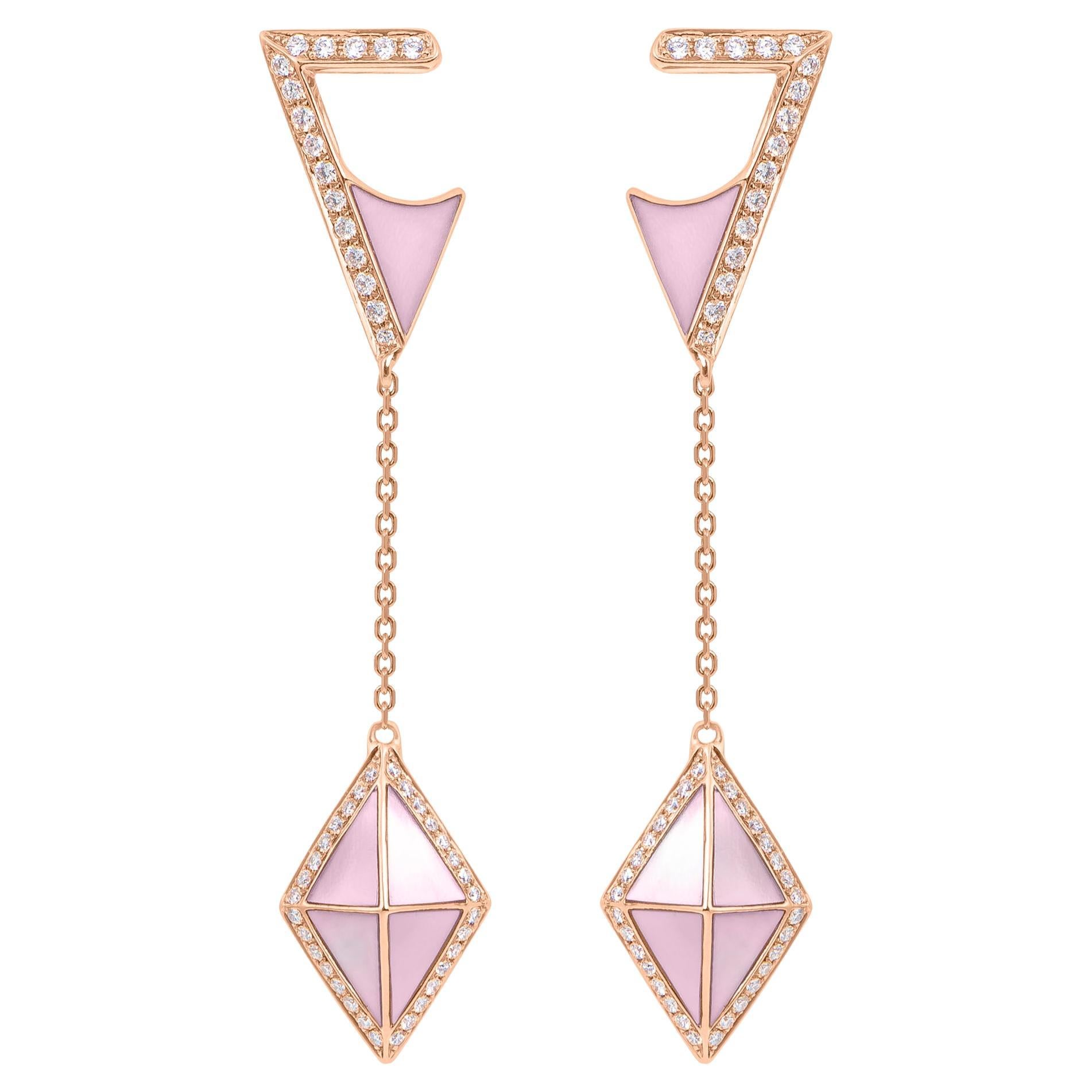 Tetra Tilt Drop Earrings with Pink Mother of Pearl & Diamonds in 18k Rose Gold For Sale