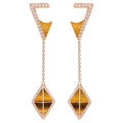 Tetra Tilt Drop Earrings with Tiger Eye & Diamonds in 18k Rose Gold