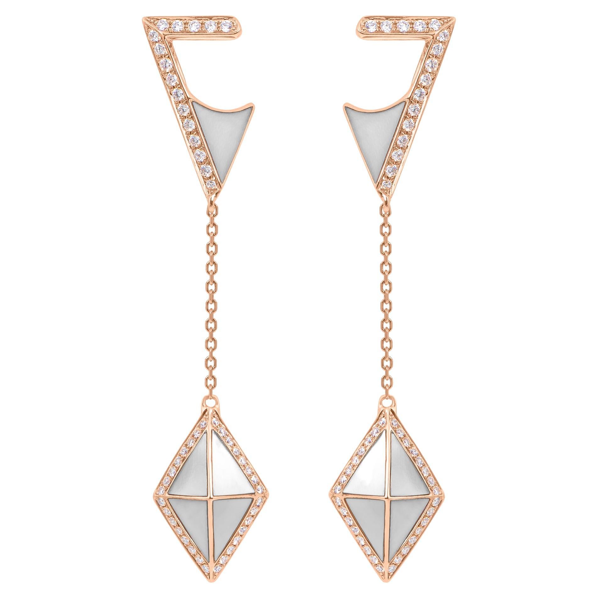 Tetra Tilt Drop Earrings with White Mother of Pearl & Diamonds in 18k Rose Gold For Sale