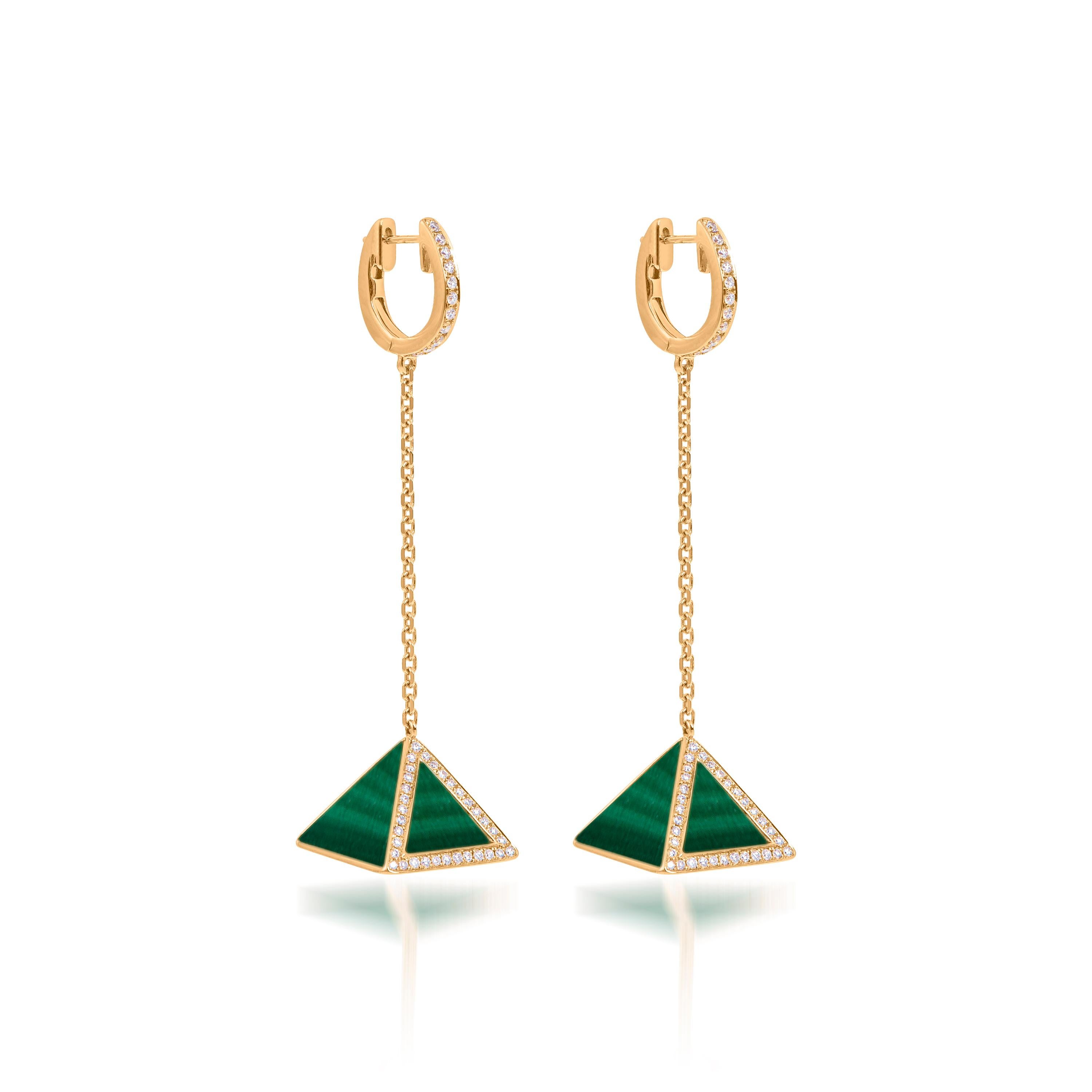 Contemporary Tetra Tribus Earrings with Malachite and Diamonds in 18K Yellow Gold For Sale