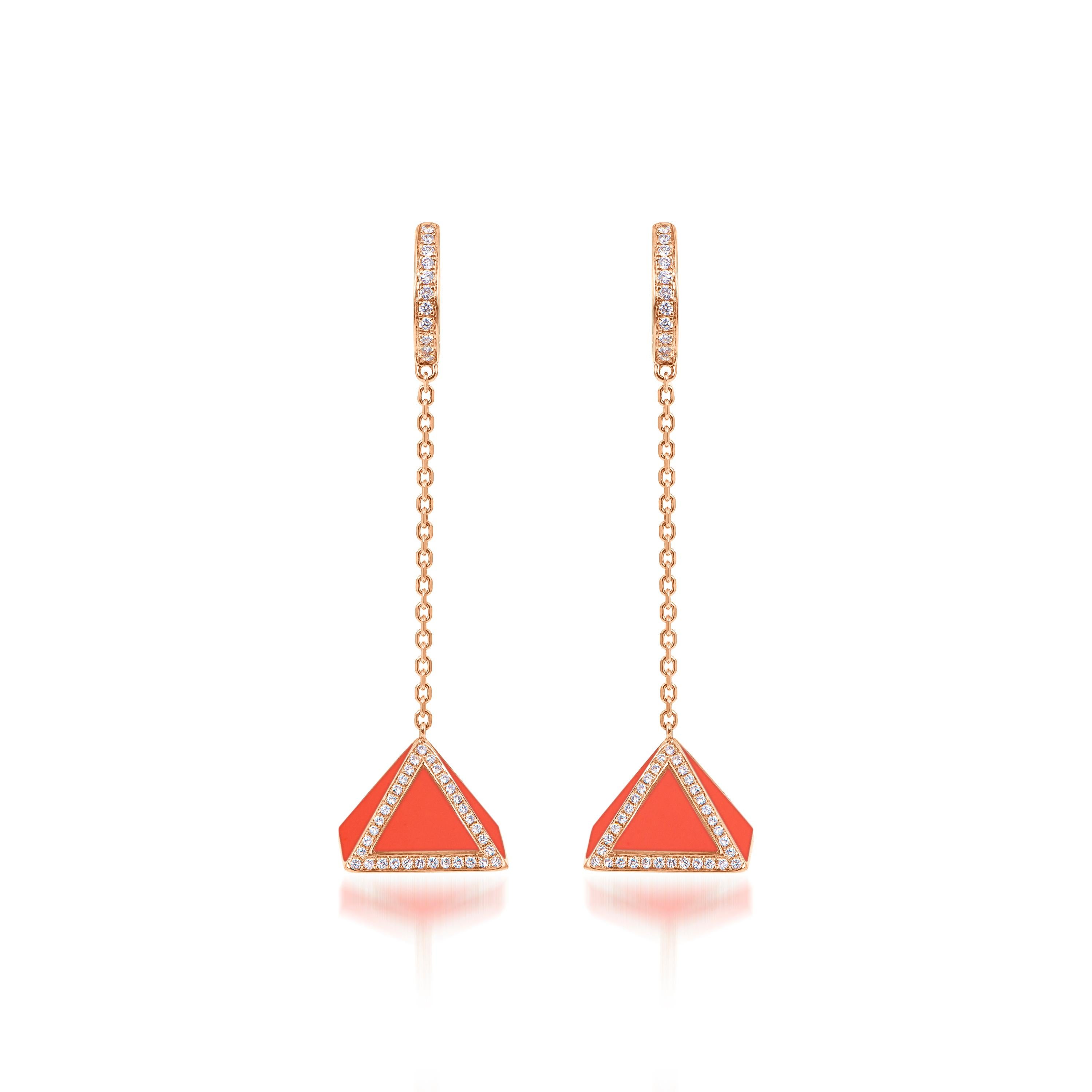 Contemporary Tetra Tribus Earrings with Orange Coral and Diamonds in 18K Rose Gold For Sale